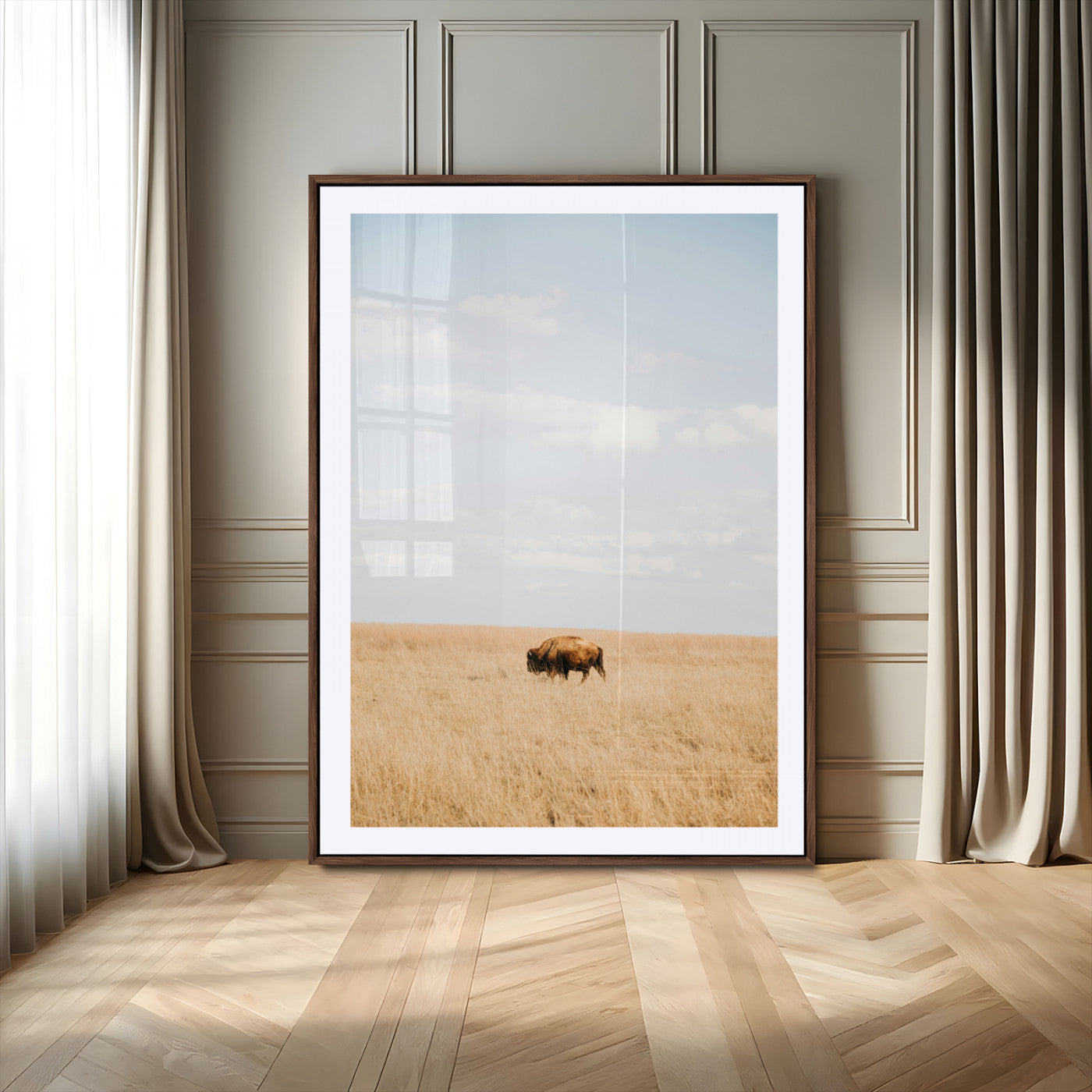 96766166-MGV-CV-24X36-Minimalist Nature Wall Art Canvas Print, Framed Bison In Grassland Art Picture Print, Open Field Perfect Modern Ranch Decor Decor