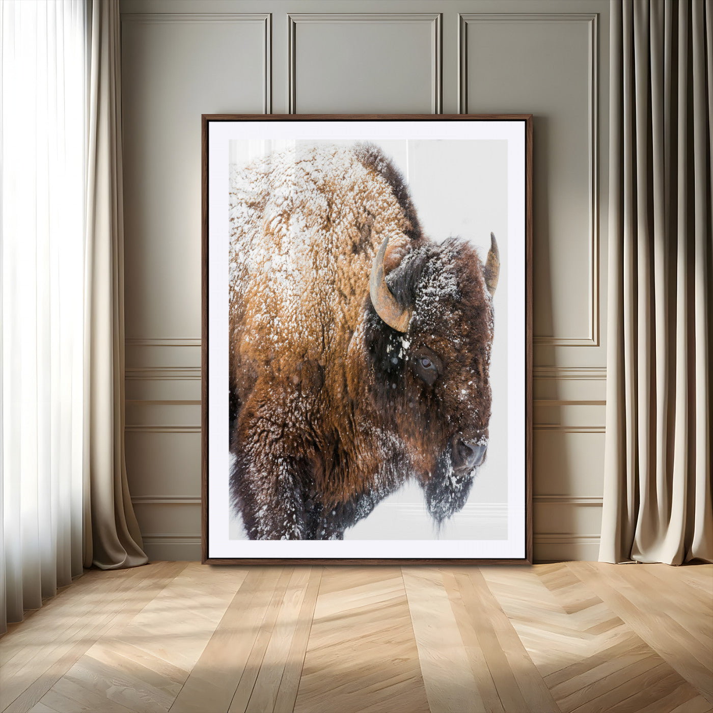 27690436-MGV-CV-24X36-Snowy Buffalo Wall Art Canvas Print, Framed Wildlife Photography Art Picture Print, Rustic Lodge Perfect Rustic Lodge Decor Decor