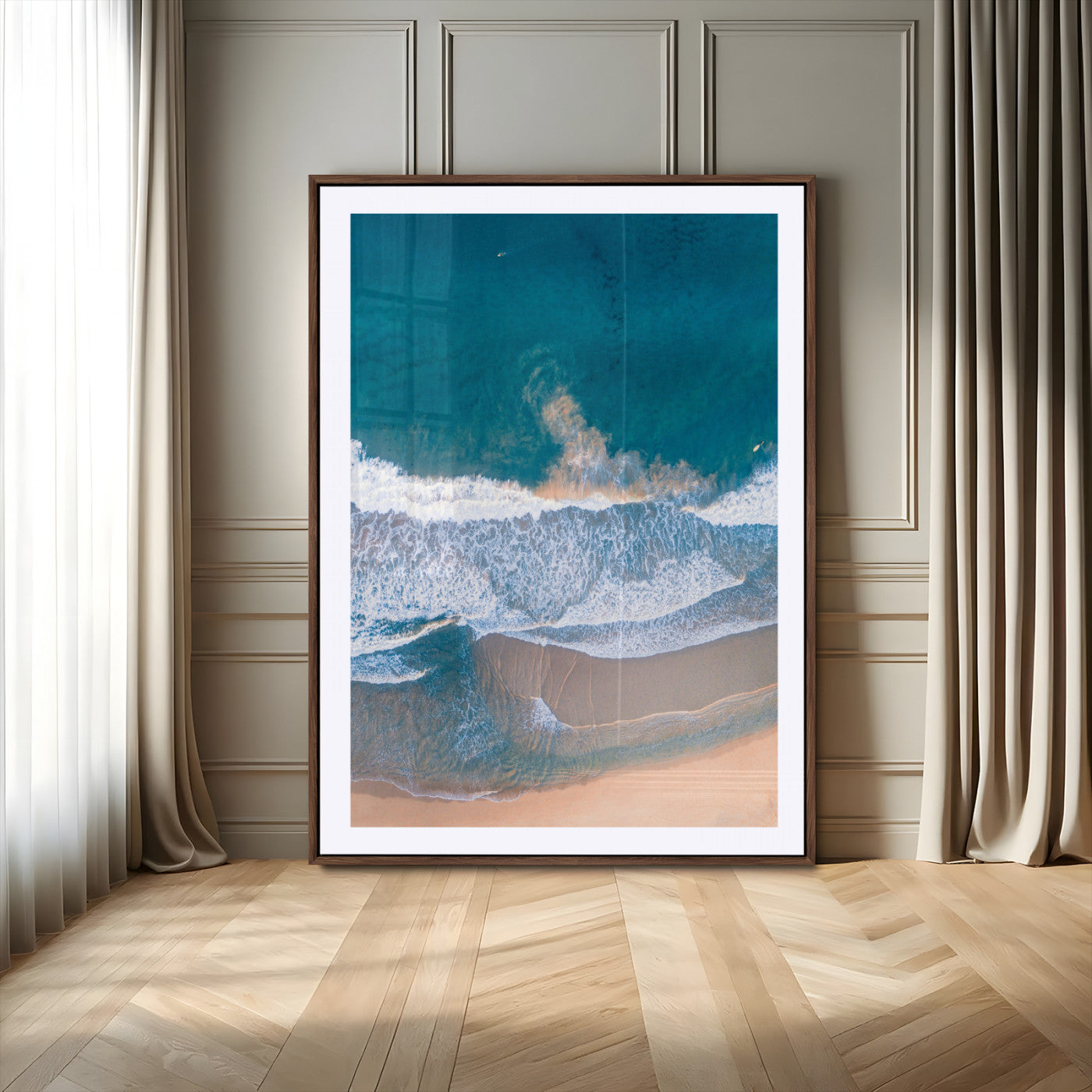 97740681-MGV-CV-24X36-Aerial Beach View Wall Art Canvas Print, Framed Ocean Waves Art Picture Print, Coastal Serenity Perfect Coastal Minimalist Decor
