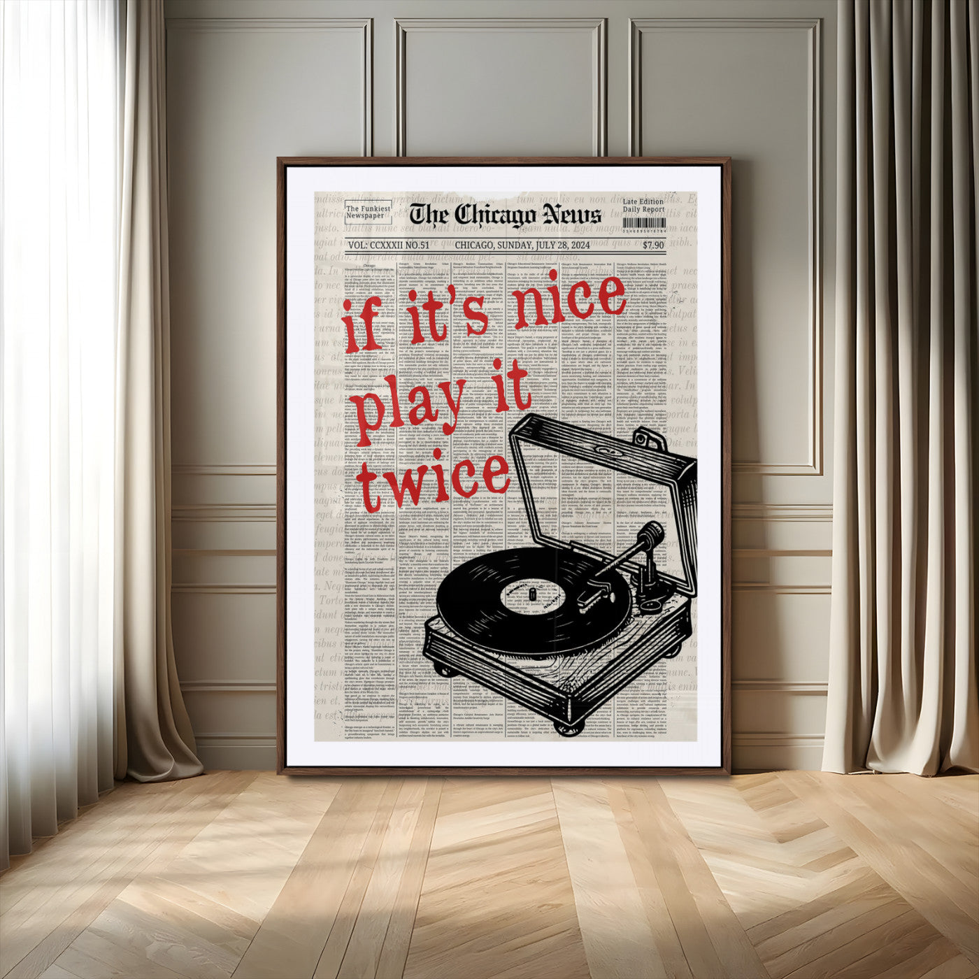 58559195-MGV-CV-24X36-Retro Music Wall Art – Vintage Record Player Canvas Print with Typography Quote, Funky Newspaper Style Decor for Bedroom, Living