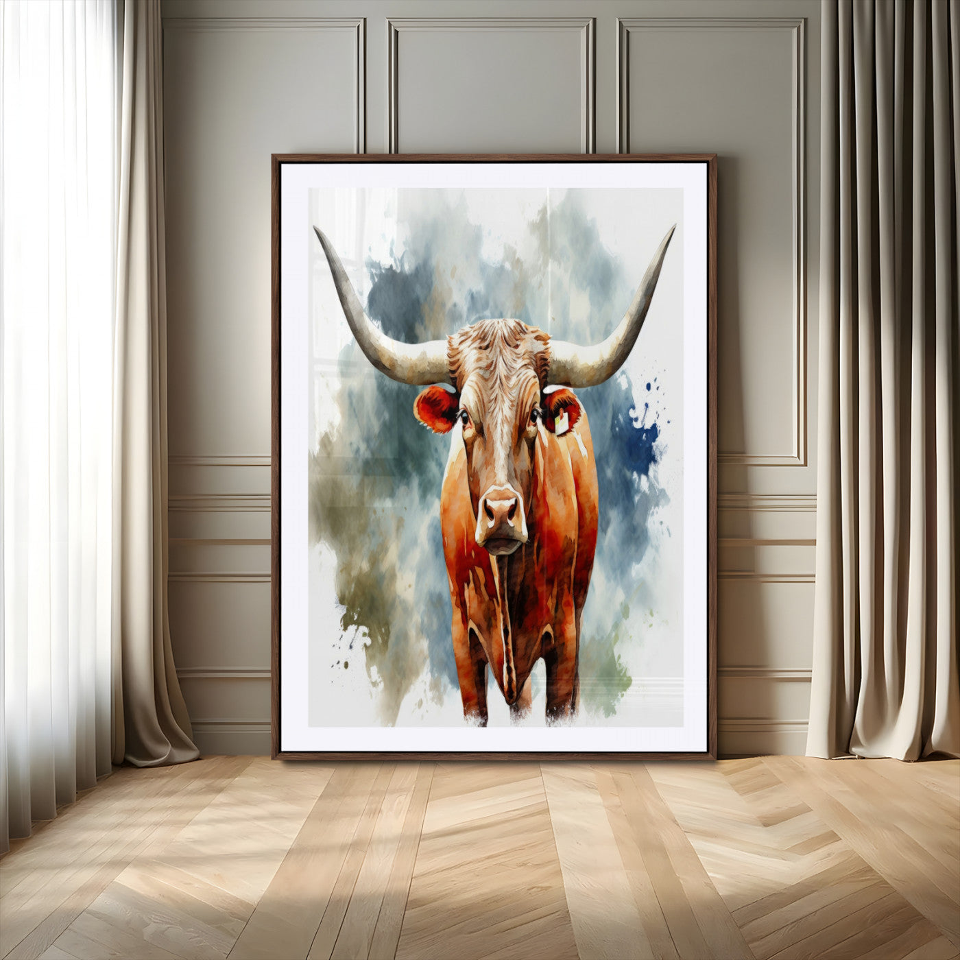 39803-MGV-CV-24X36-Texas Longhorn Wall Art Canvas Print, Framed Rustic Cattle Art Picture Print, Western Bull Perfect Rustic Western Decor Artwork