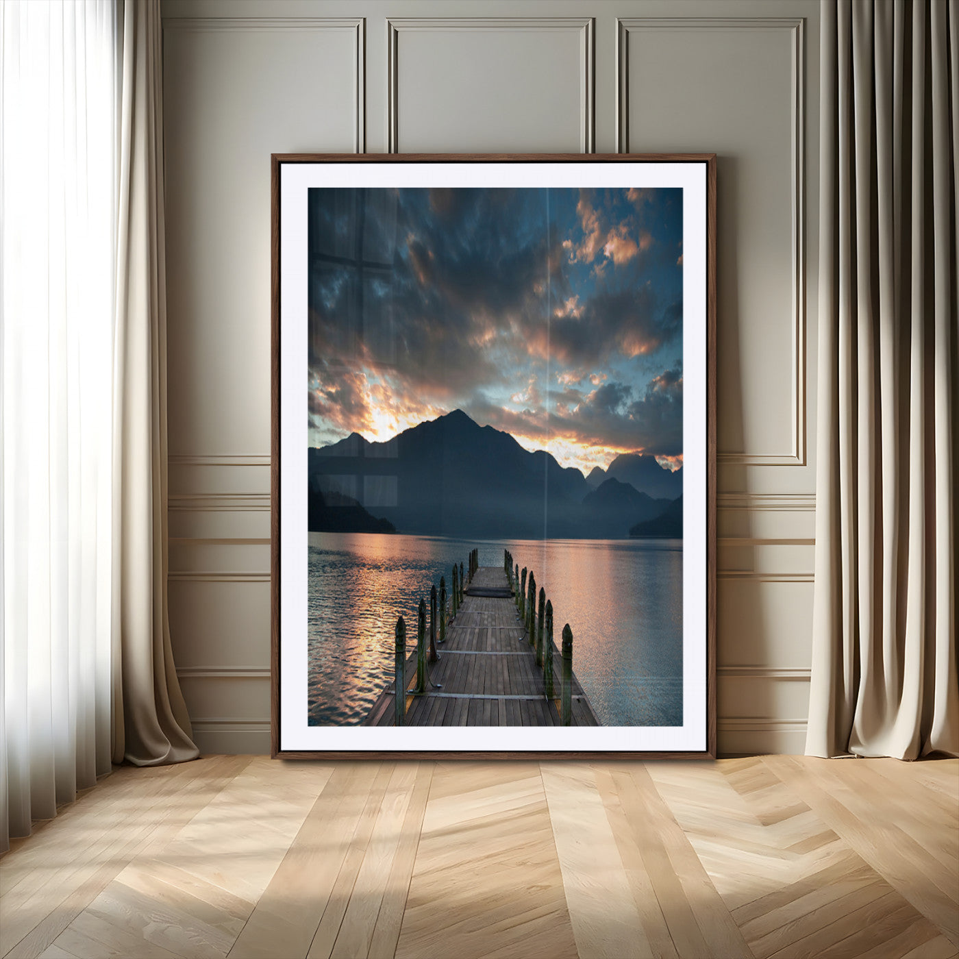 16043-MGV-CV-24X36-Mountain Lake Wall Art Canvas Print, Framed Sunset Reflection Art Picture Print, Calm Horizon Perfect Moody Nature Decor Artwork