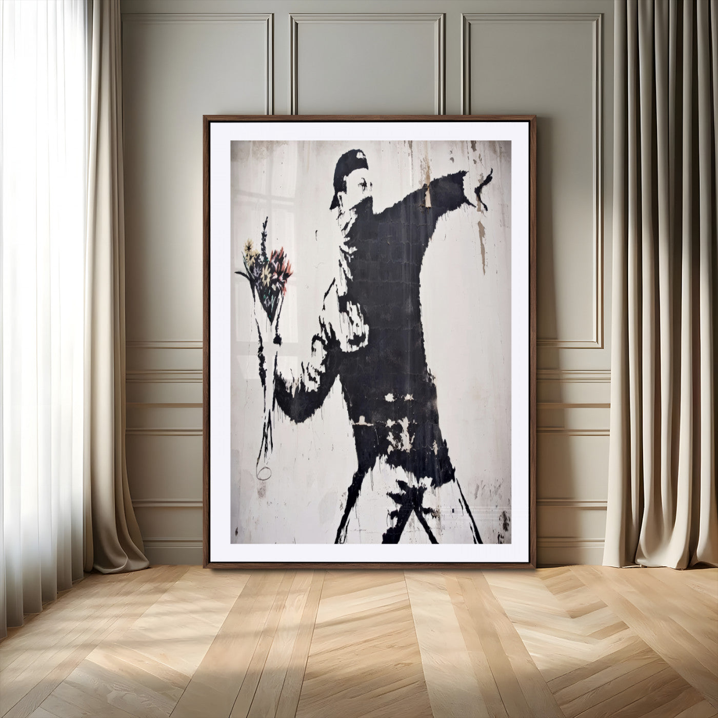 64032-MGV-CV-24X36-Flower Thrower Wall Art Canvas Print, Framed Urban Protest Art Picture Print, Graffiti Style Perfect Urban Contemporary Decor