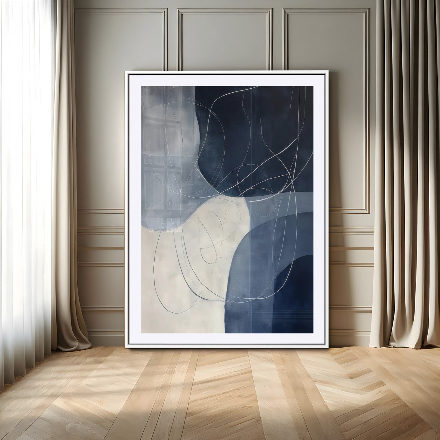 62566633-MGC-FP-24x36-Navy Abstract Wall Art Canvas Print, Framed Minimal Lineart Art Picture Print, Abstract Shapes Perfect Minimalist Abstract Decor