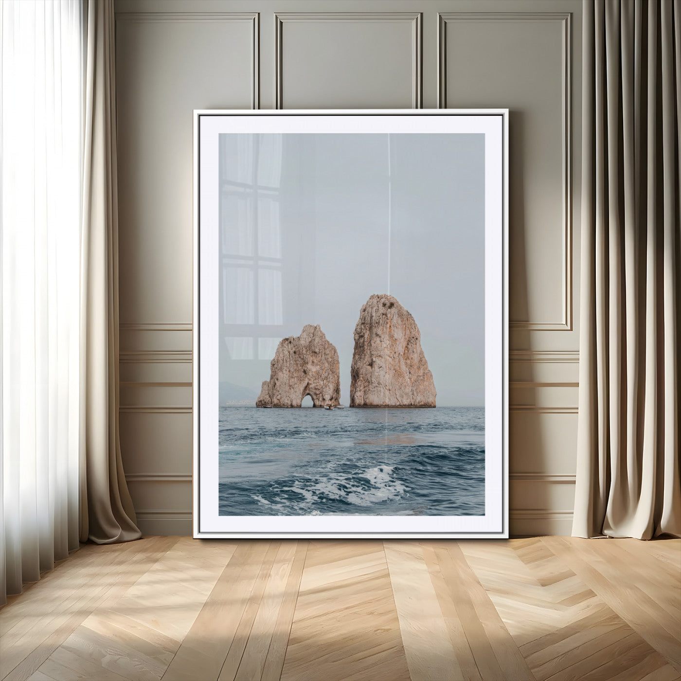 23148844-MGC-FP-24x36_White-Faraglioni Capri Wall Art Canvas Print, Framed Serene Ocean Art Picture Print, Mediterranean Coastal Perfect Mediterranean
