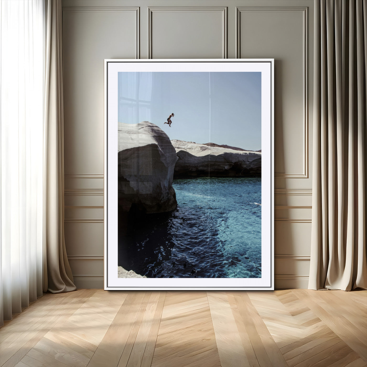 96853328-MGC-FP-24x36-Cliff Diving Wall Art Canvas Print, Framed Turquoise Sea Art Picture Print, Ocean Adventure Perfect Coastal Minimalist Decor