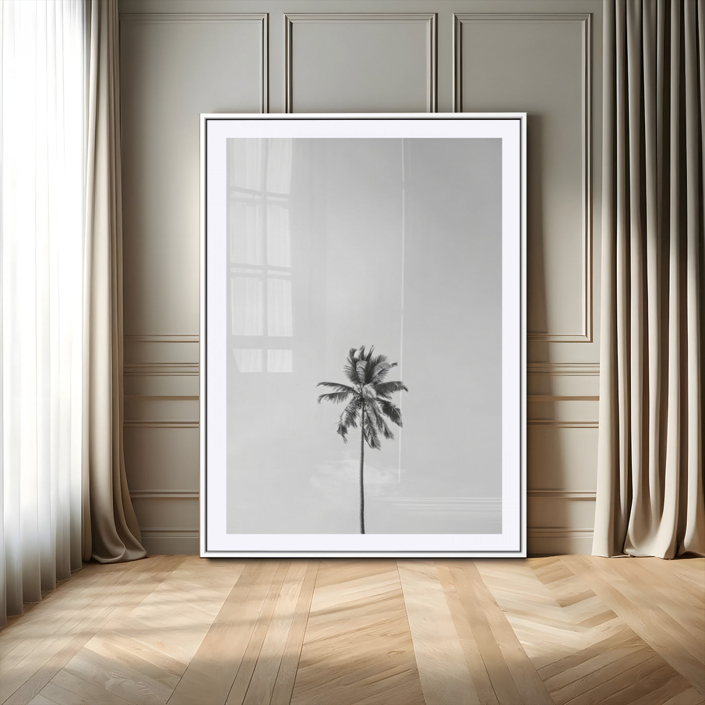 67263674-MGC-FP-24x36-Lone Palm Tree Wall Art Canvas Print, Framed Minimalist Tropical Art Picture Print, Monochrome Beach Perfect Modern Coastal