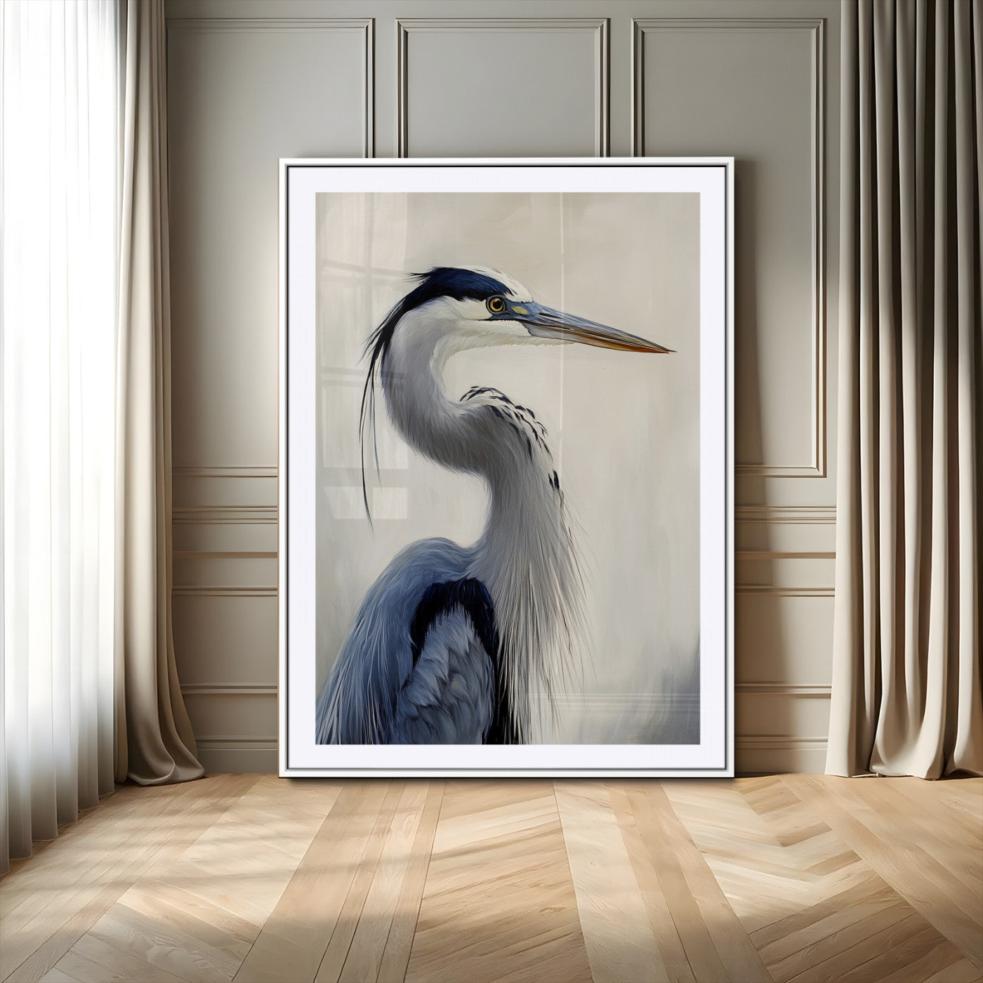 79581184-MGC-FP-24x36-Blue Heron Wall Art Canvas Print, Framed Elegant Wildlife Art Picture Print, Minimalist Bird Theme Perfect Coastal Minimalist