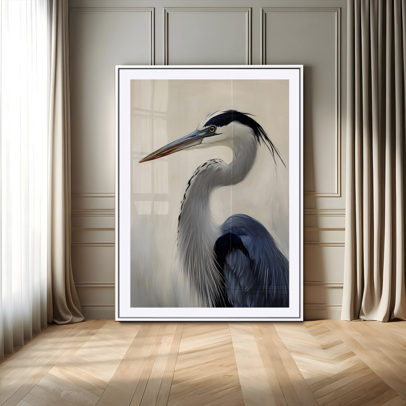 60171823-MGC-FP-24x36-Blue Heron Wall Art Canvas Print, Framed Coastal Bird Theme Art Picture Print, Minimalist Wildlife Perfect Coastal Minimalist
