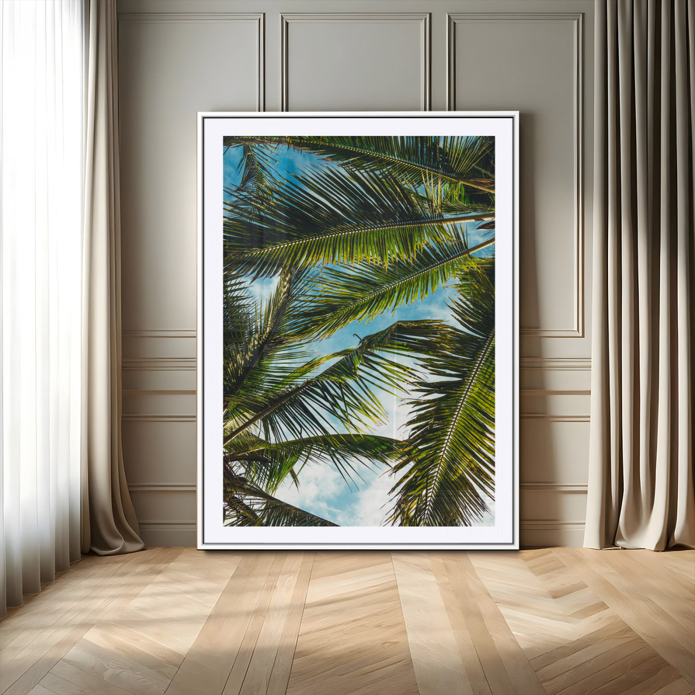 31086560-MGC-FP-24x36-Palm Leaves Wall Art Canvas Print, Framed Tropical Vibes Art Picture Print, Green Foliage Perfect Tropical Boho Decor Artwork