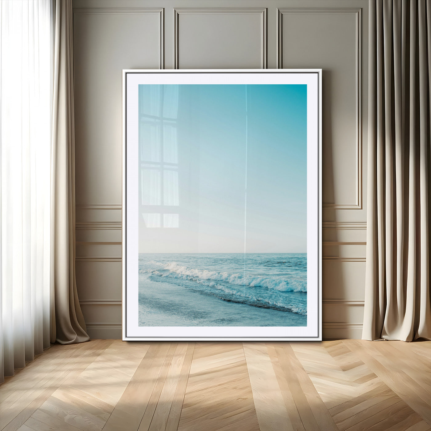 20189712-MGC-FP-24x36_White-Minimalist Ocean Wall Art Canvas Print, Framed Calm Seascape Art Picture Print, Soft Blue Tones Perfect Coastal Minimalist Decor
