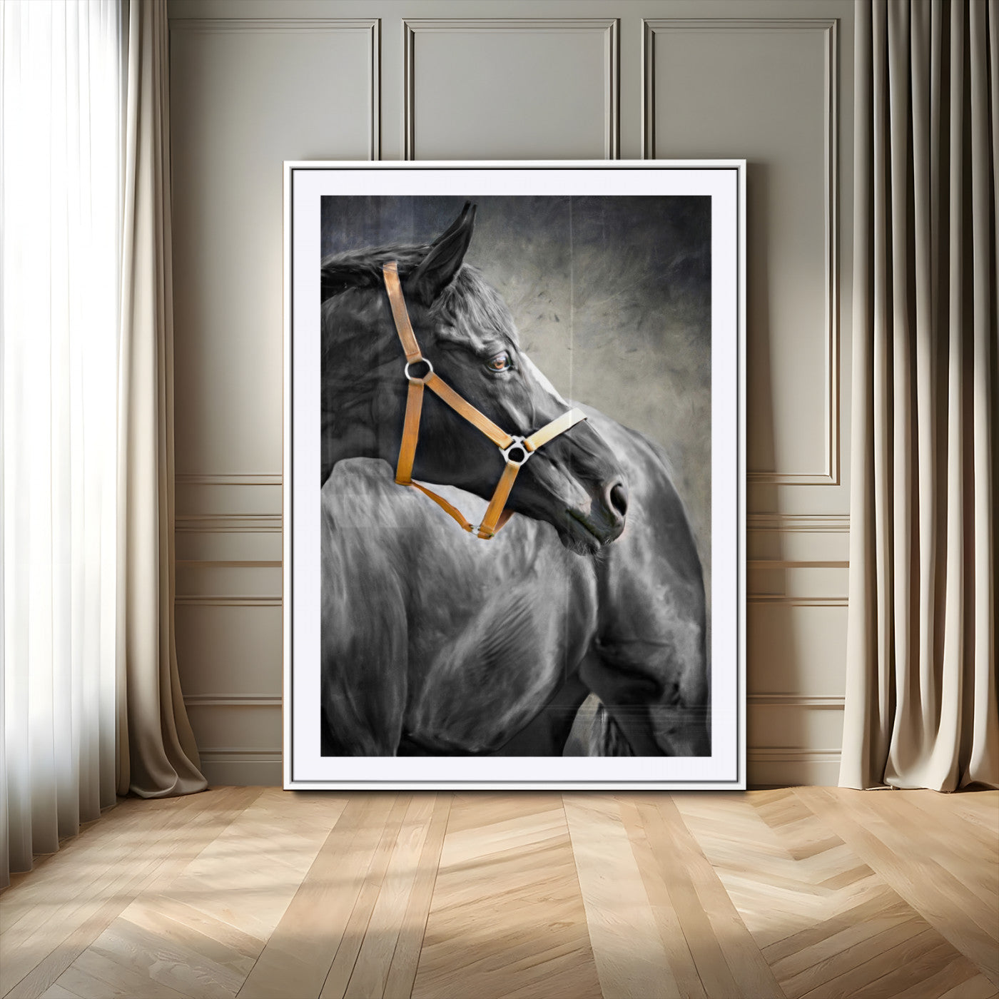 40324916-MGV-CV-24X36-Horse Wall Art – Equestrian Canvas Print, Elegant Black Stallion Portrait with Golden Halter, Rustic Western Photography Decor for