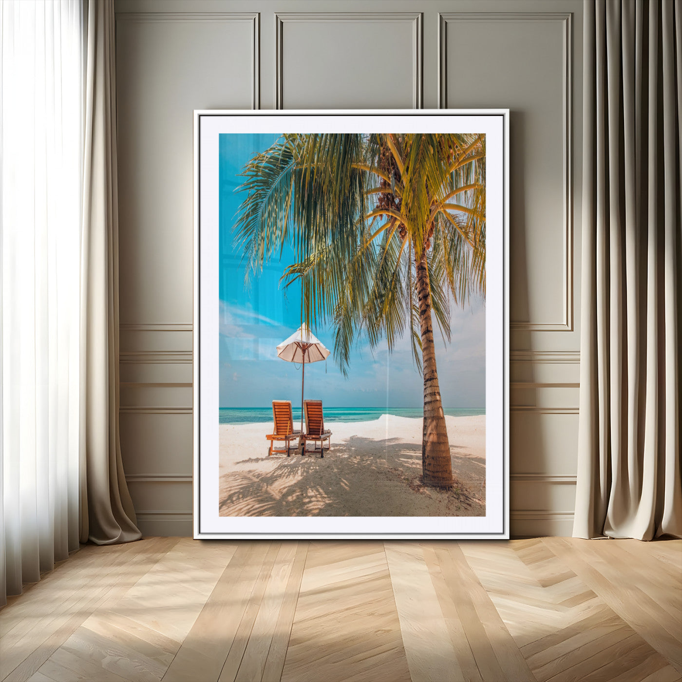 51024-MGC-FP-24x36_White-Tropical Beach Wall Art Canvas Print, Framed Palm Tree Art Picture Print, Sandy Shoreline Perfect Minimalist Coastal Decor Artwork