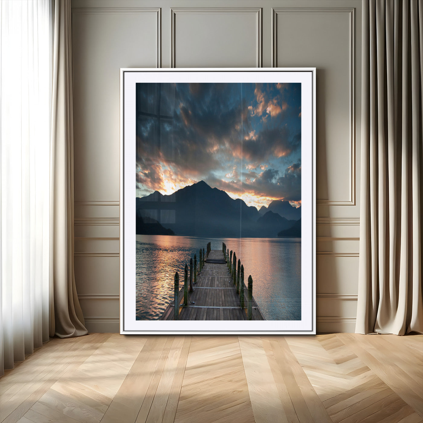 16043-MGV-CV-24X36-Mountain Lake Wall Art Canvas Print, Framed Sunset Reflection Art Picture Print, Calm Horizon Perfect Moody Nature Decor Artwork