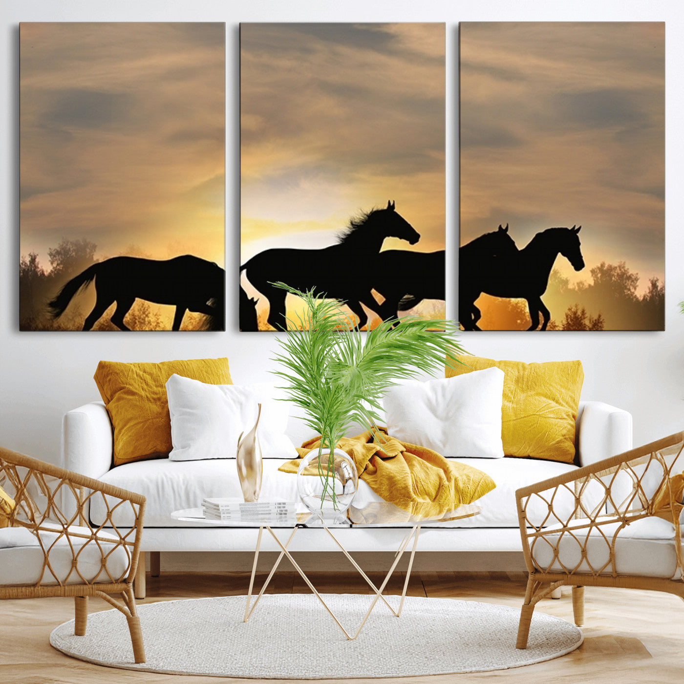 16620-MGV-CV-36X24-Sunset Stallions Wall Art – Silhouetted Horses Running Canvas Print, Nature’s Rhythm, Perfect for Living Room, Office, or Man Cave