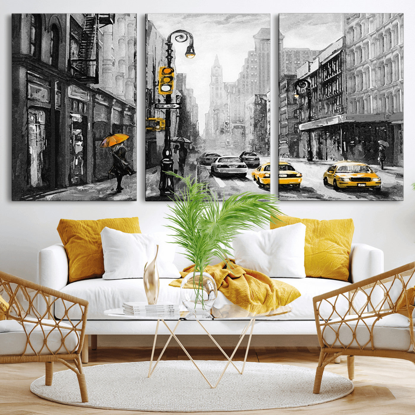 32362-MGV-CV-36X24-NYC Street Wall Art – Black and White Cityscape with Yellow Taxis and Umbrella Canvas Print, Urban Home Decor for Living Room or