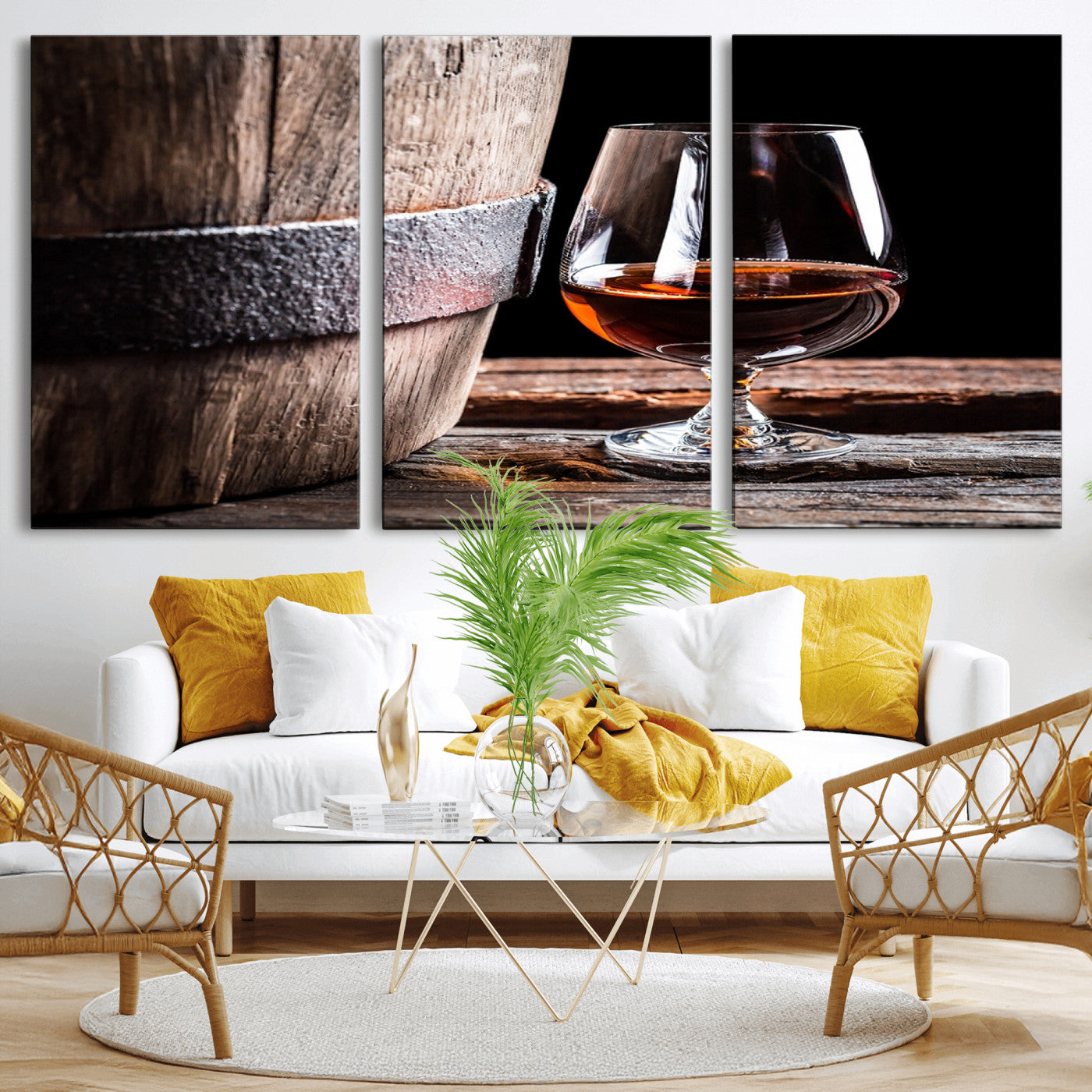 50839-MGV-CV-36X24-Barrel & Brandy Wall Art – Rustic Whiskey Barrel and Brandy Glass Canvas Print, Elegant Home Bar or Lounge Decor for Office, Man