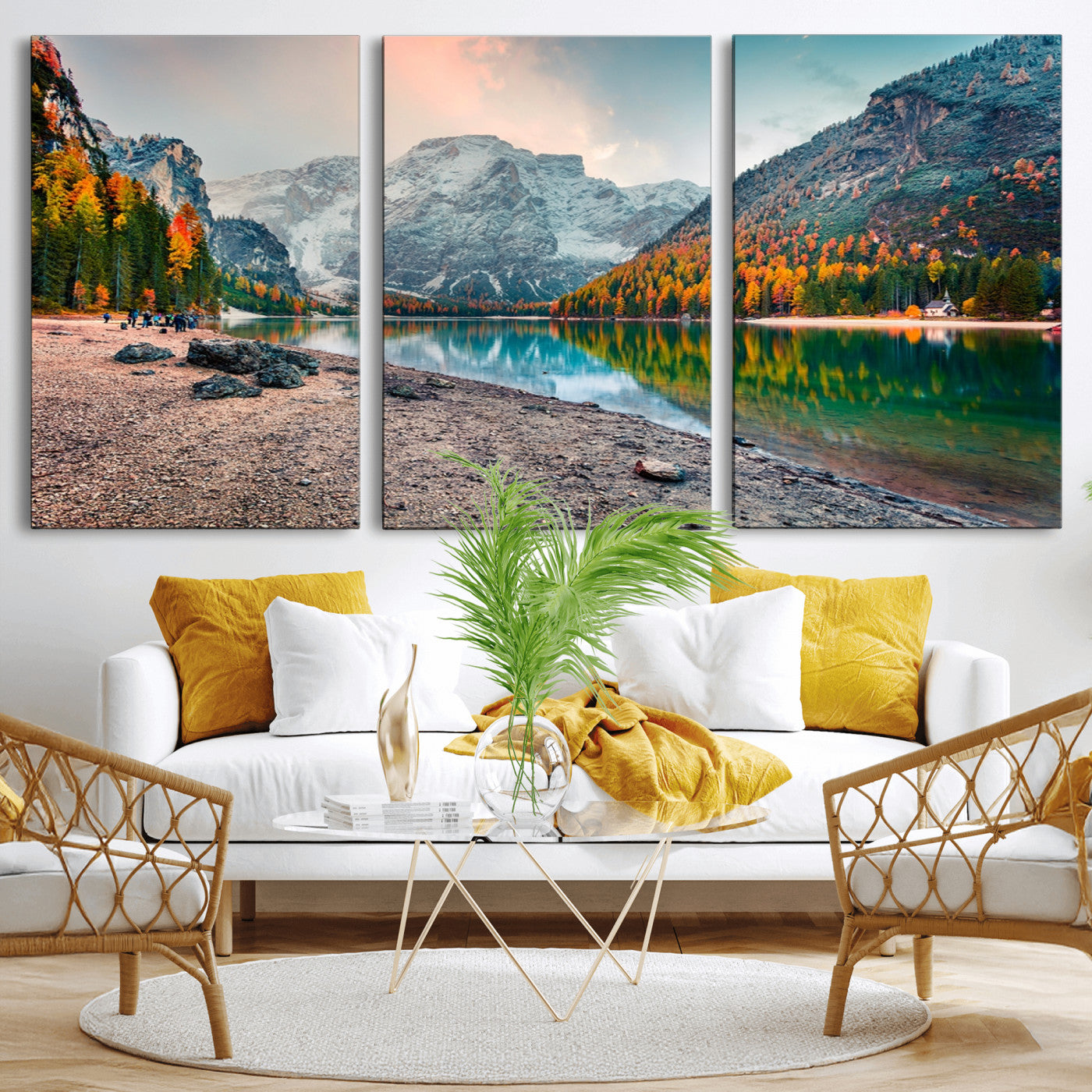 25982-MGV-CV-36X24-Autumn Mountain Lake Wall Art – Panoramic Fall Foliage and Snowy Peaks Canvas Print, Scenic Nature Decor for Living Room or Office
