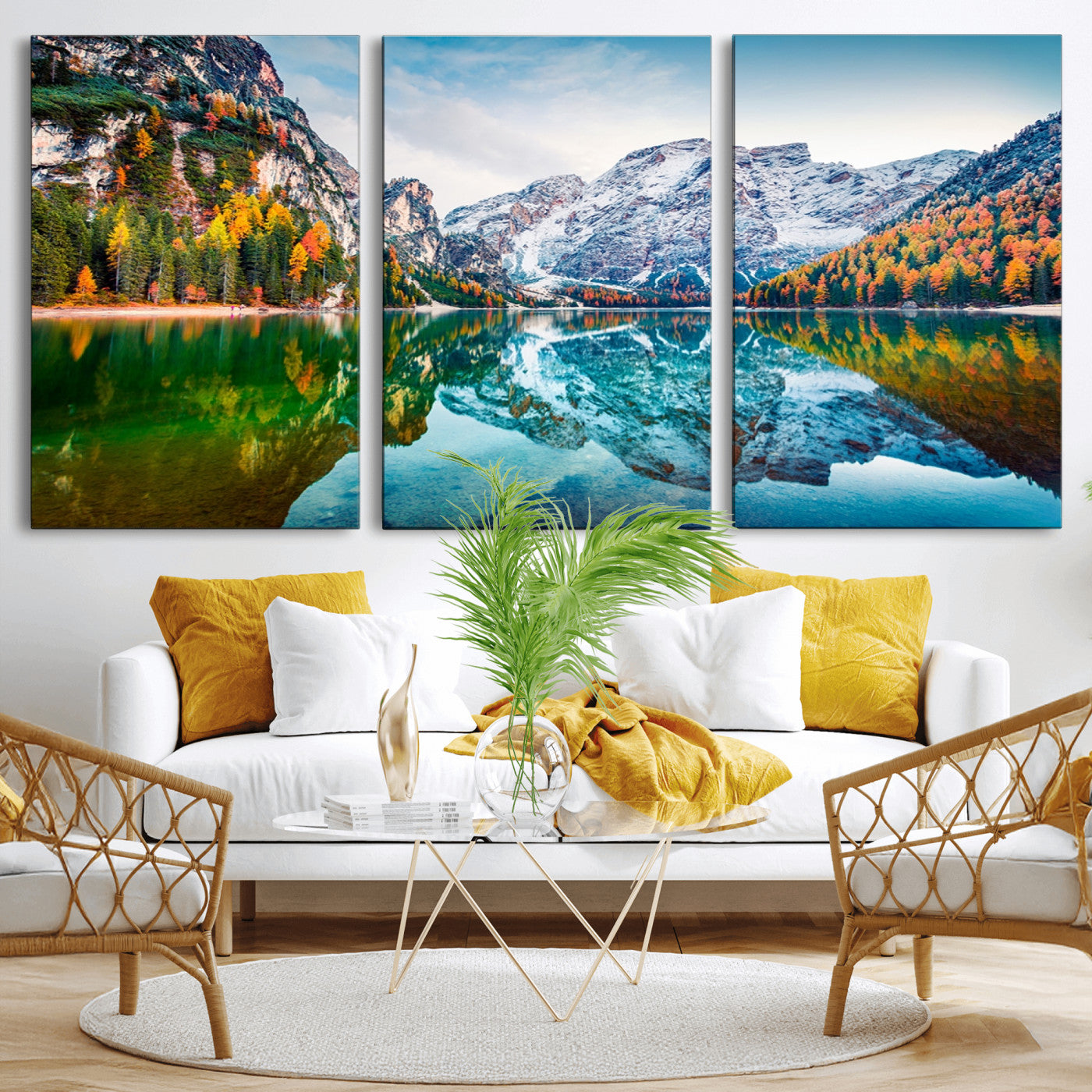 10402-MGV-CV-60X30-3P-Snowy Mountain Lake Wall Art – Autumn Landscape Canvas Print with Reflection, Nature Decor for Living Room, Office, Bedroom or