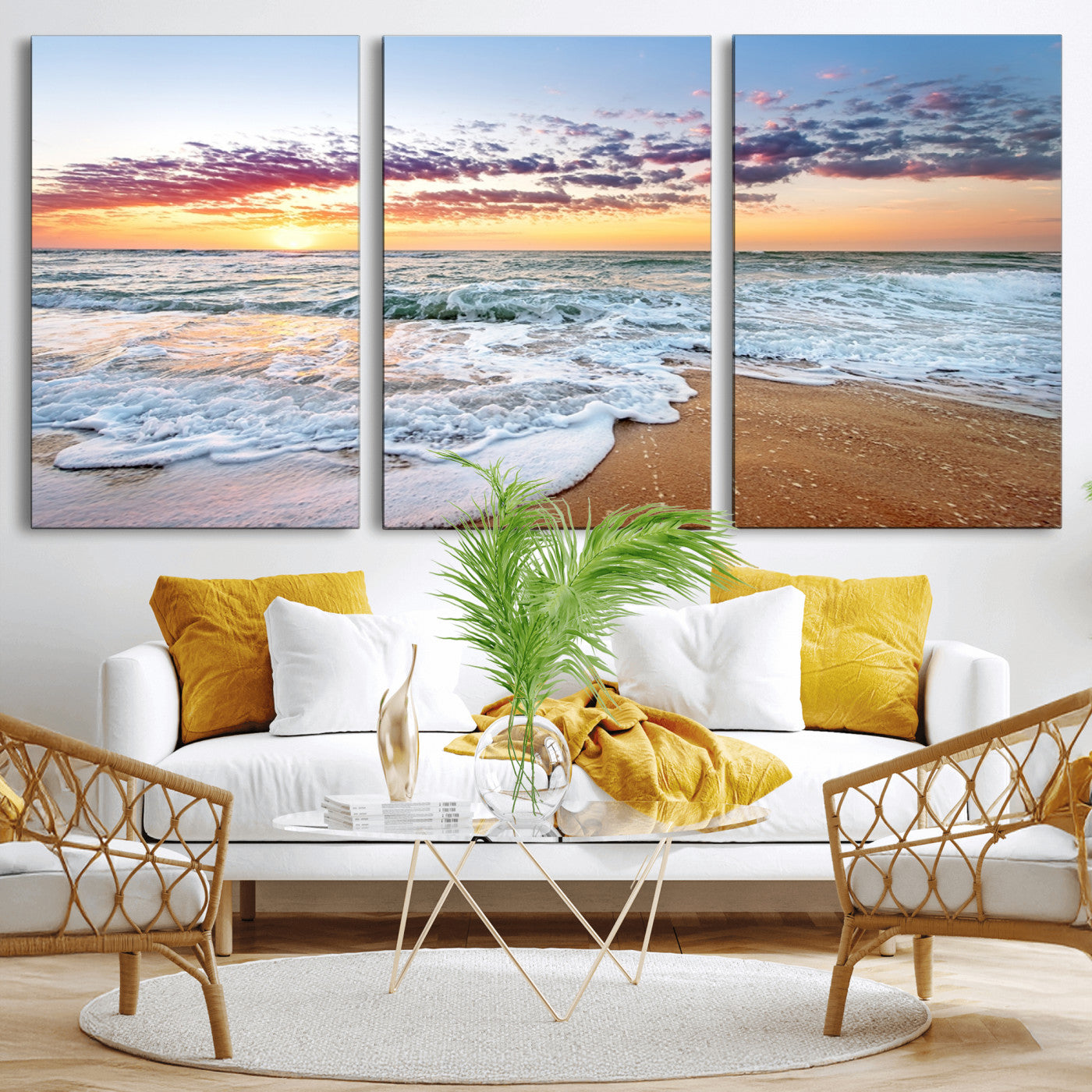 39560-MGV-CV-36X24-Sunrise Beach Wall Art – Vibrant Ocean Waves and Golden Sand Canvas Print, Seaside Coastal Decor for Living Room, Bedroom or