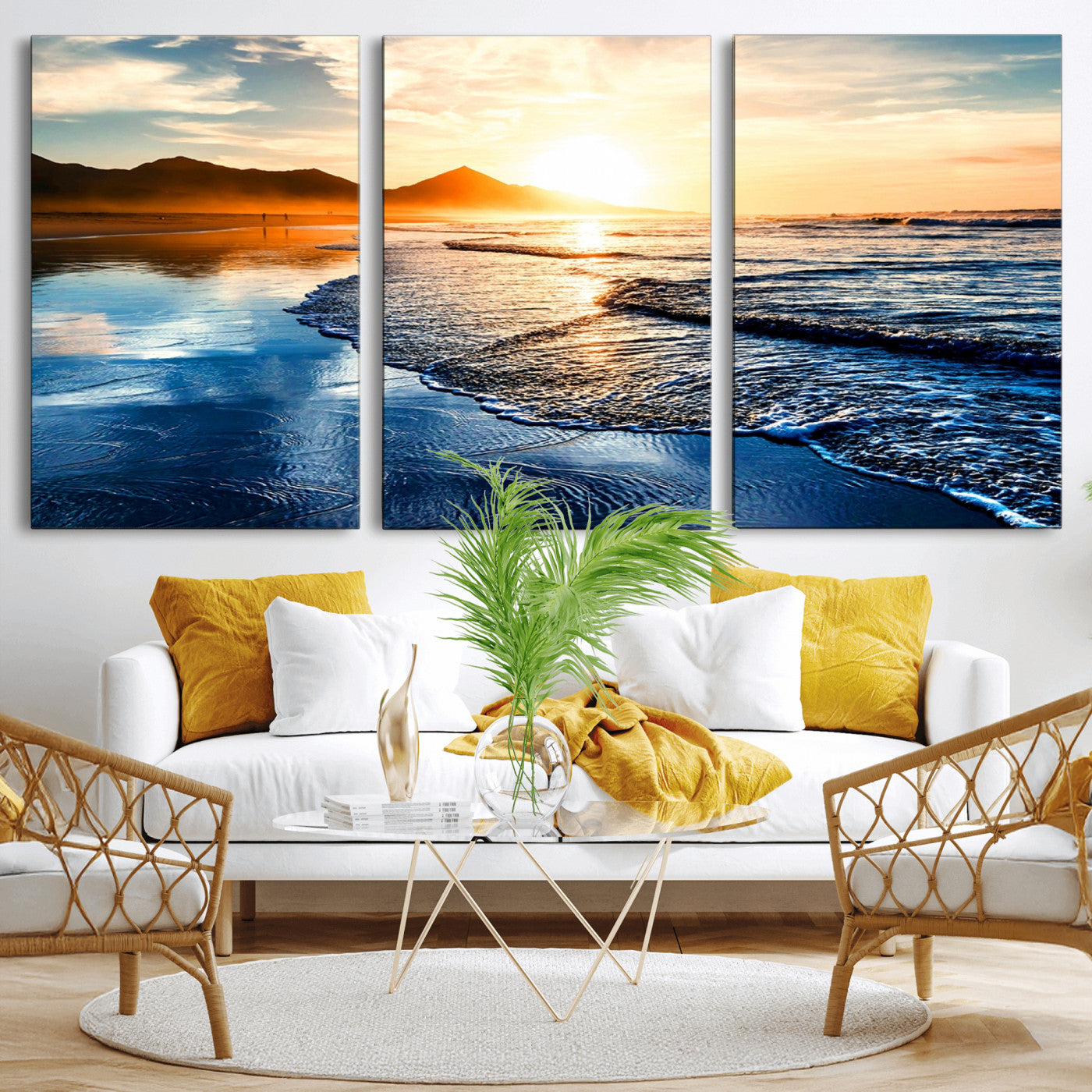 86173-MGV-CV-36X24-Golden Sunset Beach Wall Art – Reflective Ocean Canvas Print with Mountains and Waves, Coastal Nature Decor for Living Room,