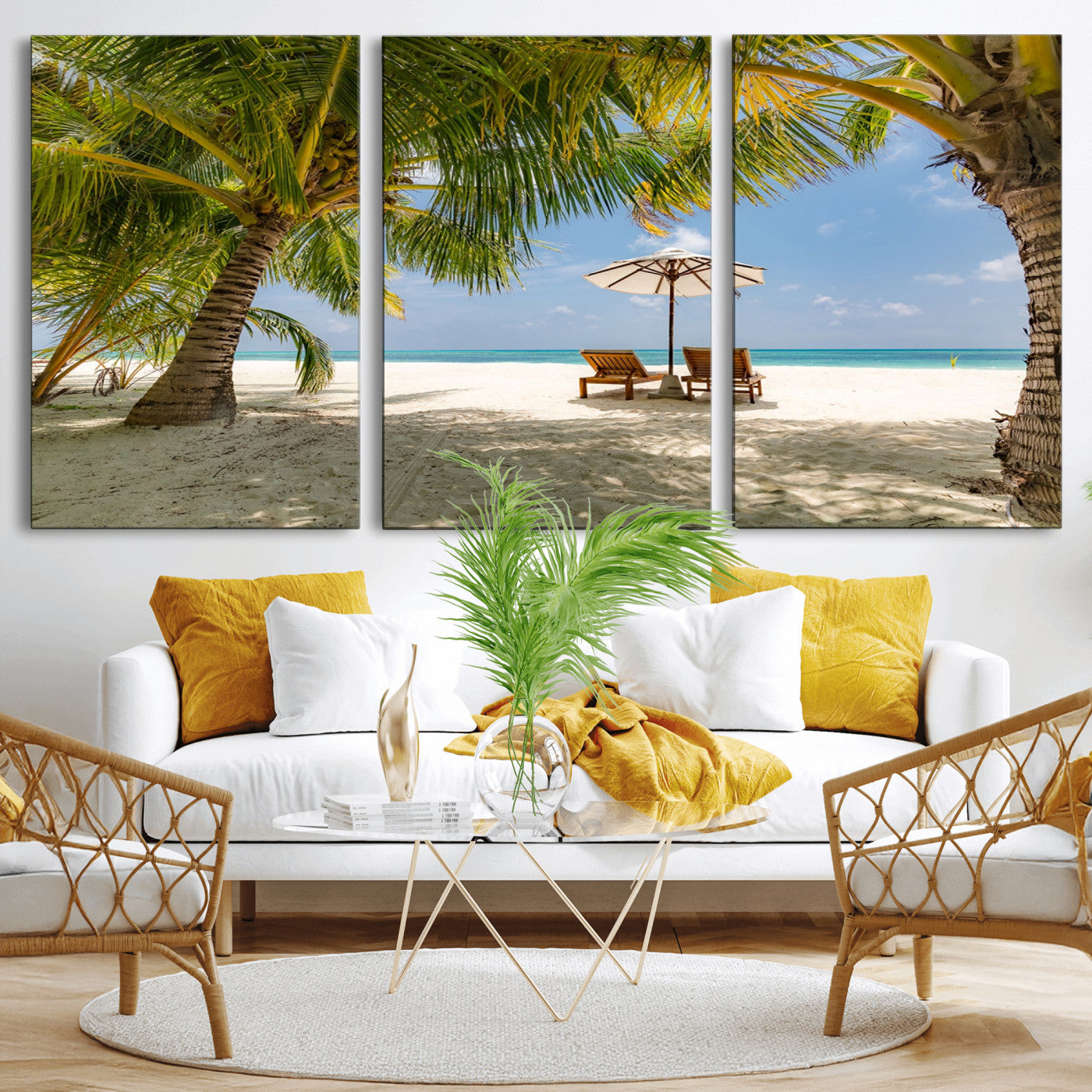 83601-MGV-CV-36X24-Tropical Beach Wall Art – Serene Palm Trees and Lounge Chairs Canvas Print, Relaxing Coastal Decor for Living Room, Bedroom or
