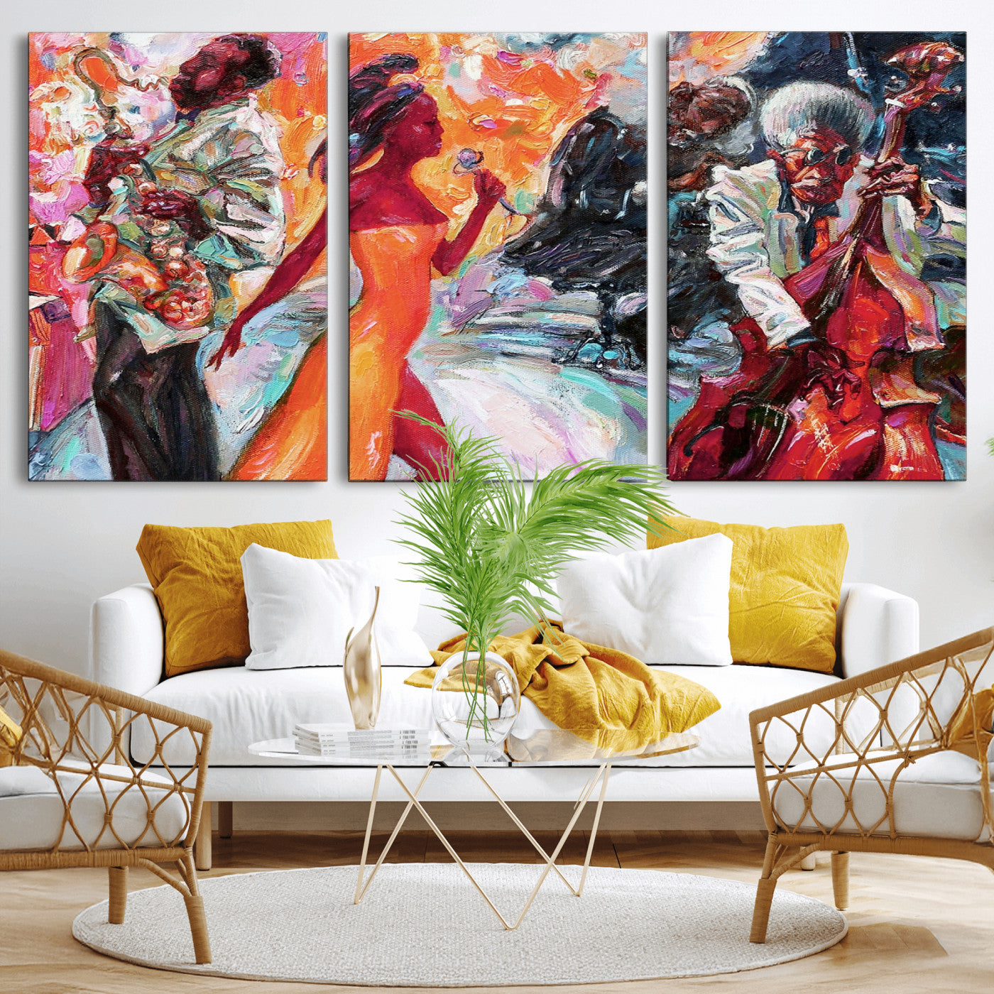 24452-MGV-CV-36X24-Vibrant Jazz Musician Painting - Expressive Art Print of Live Jazz Band, Perfect Wall Decor for Music Lovers and Art Enthusiasts