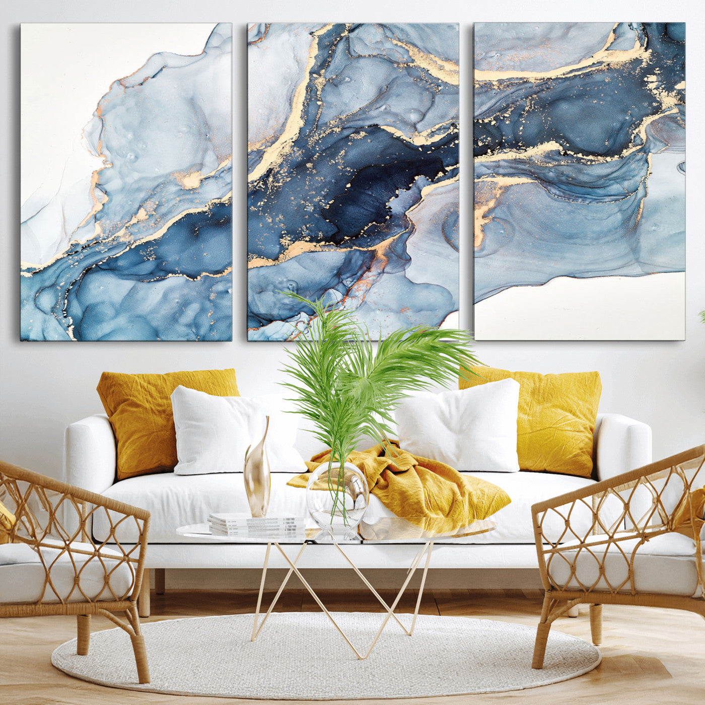 33782-MGV-CV-36X24-Abstract Marble Wall Art – Blue & Gold Fluid Painting Canvas Print, Modern Home Decor for Living Room, Bedroom or Office