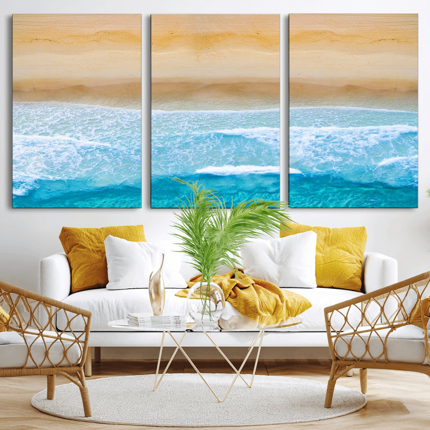 43046-MGV-CV-36X24-Aerial Beach Wall Art – Serene Ocean Waves & Sandy Shore Canvas Print, Coastal Home Decor for Living Room, Bedroom or Office