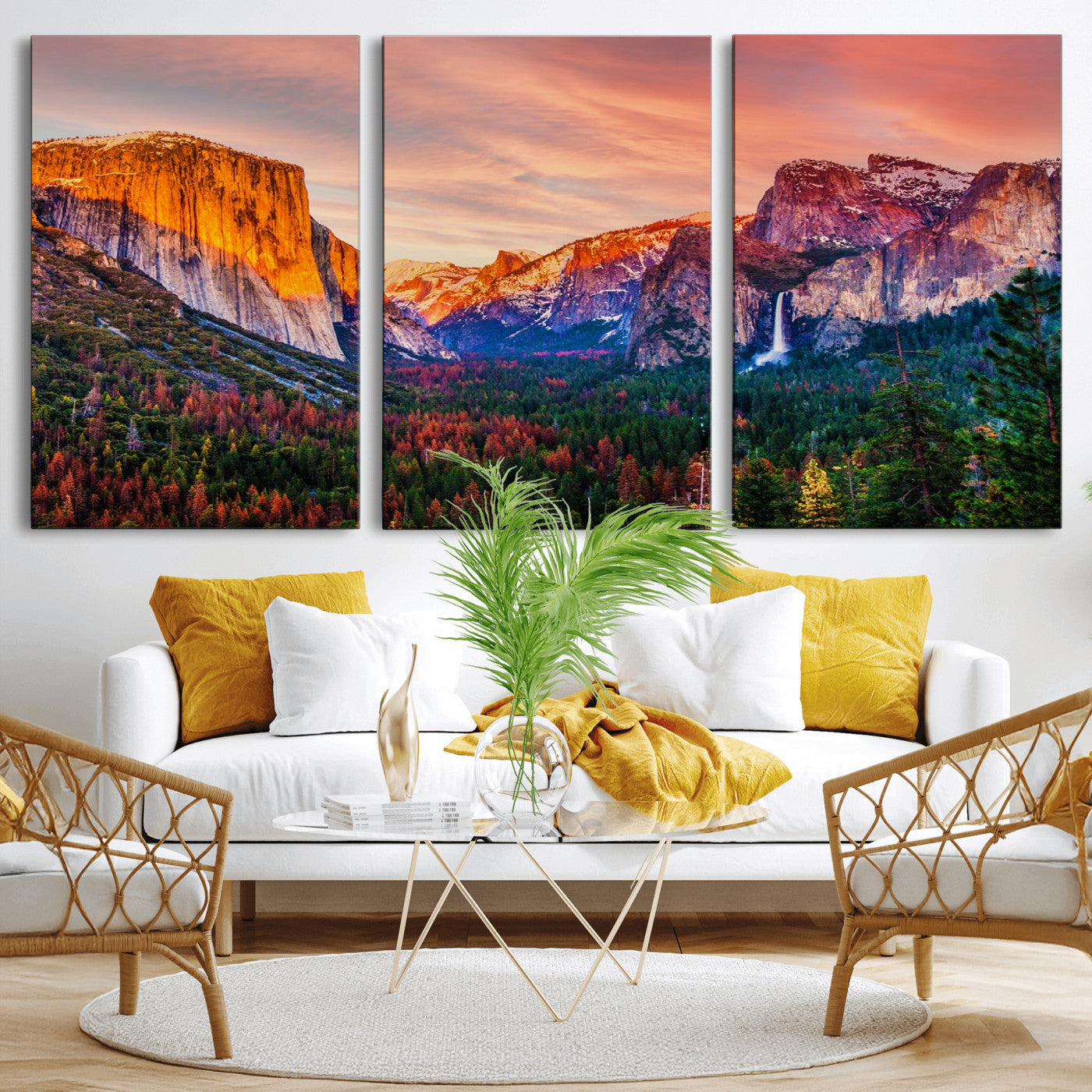 24519-MGV-CV-36X24-Yosemite Valley Sunset Wall Art – Majestic Mountain Landscape with Waterfall and Vibrant Sky, Nature Photography for Home or