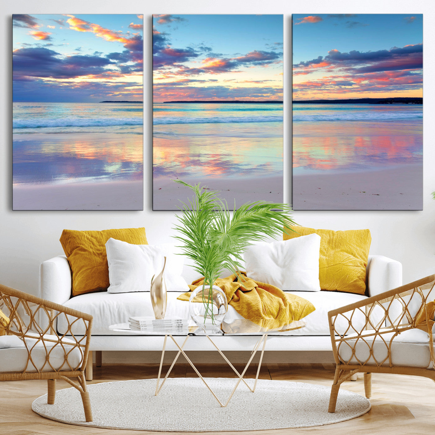 64882-MGV-CV-36X24-Tranquil Sunset Beach Wall Art – Panoramic Ocean Reflection Canvas Print, Calm Coastal Decor for Bedroom, Living Room or Office