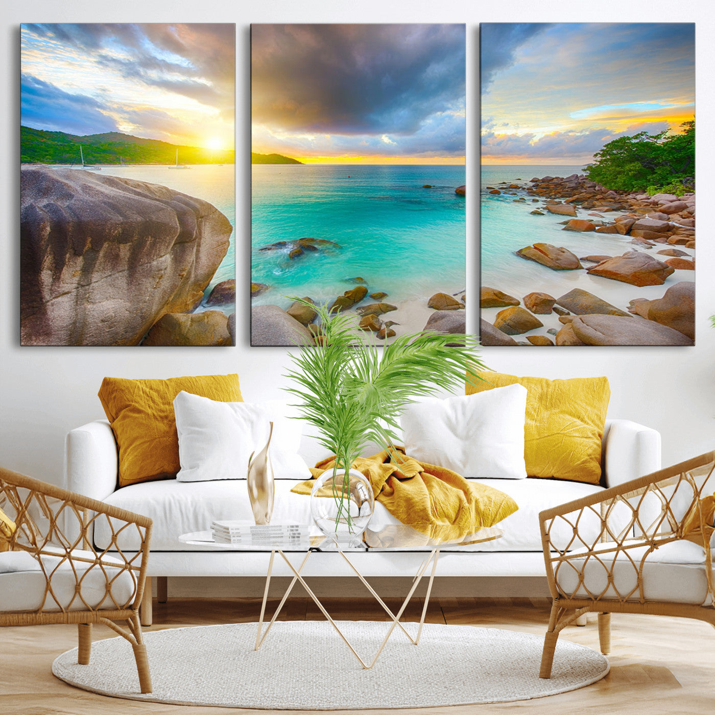 23769-MGV-CV-36X24-Tropical Beach Sunset Wall Art – Ocean Waves and Rocky Shore Canvas Print, Coastal Seascape Photography Decor