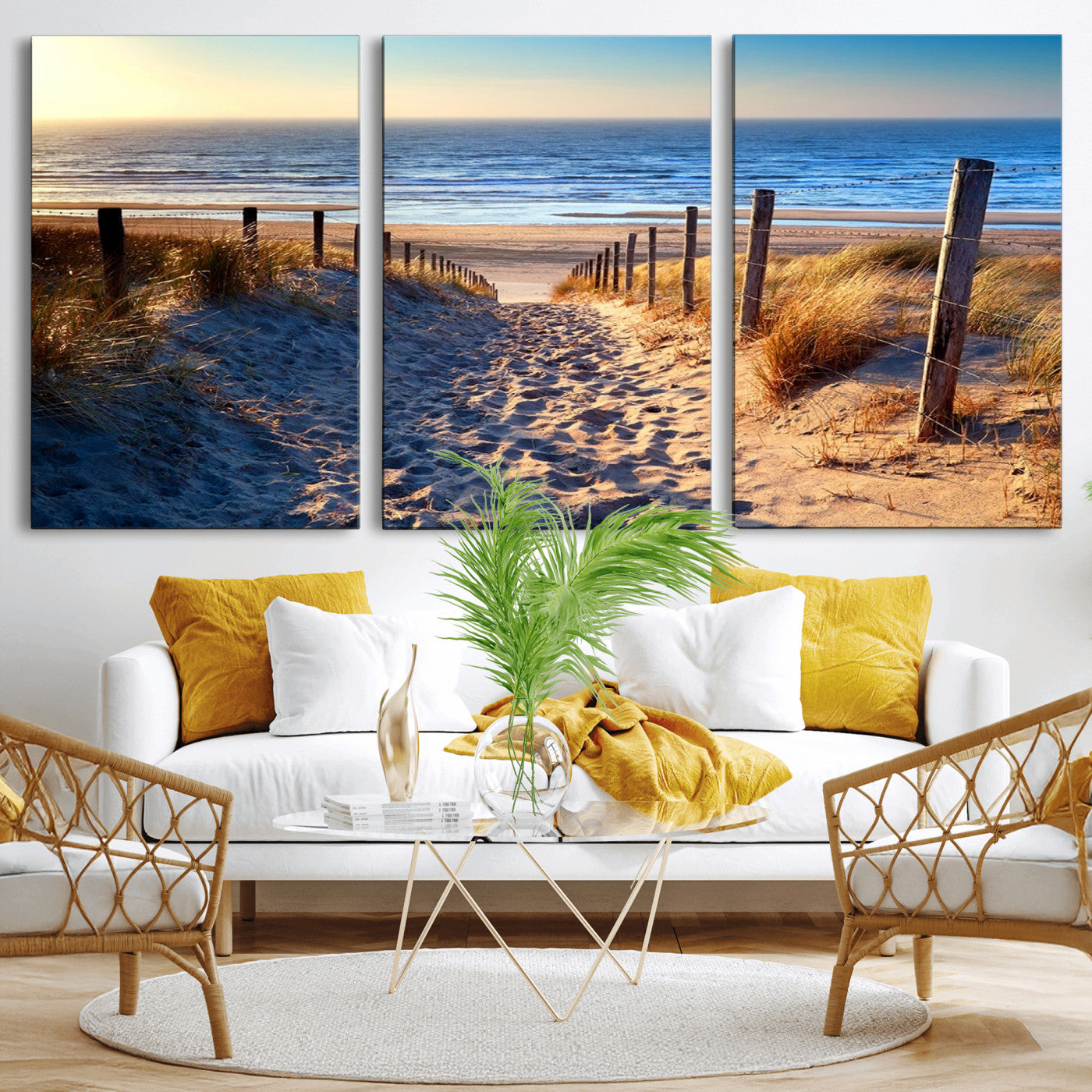 31889-MGV-CV-36X24-Sandy Beach Pathway Wall Art – Coastal Dune Fence and Ocean View Canvas Print, Relaxing Seaside Landscape Decor for Living Room or