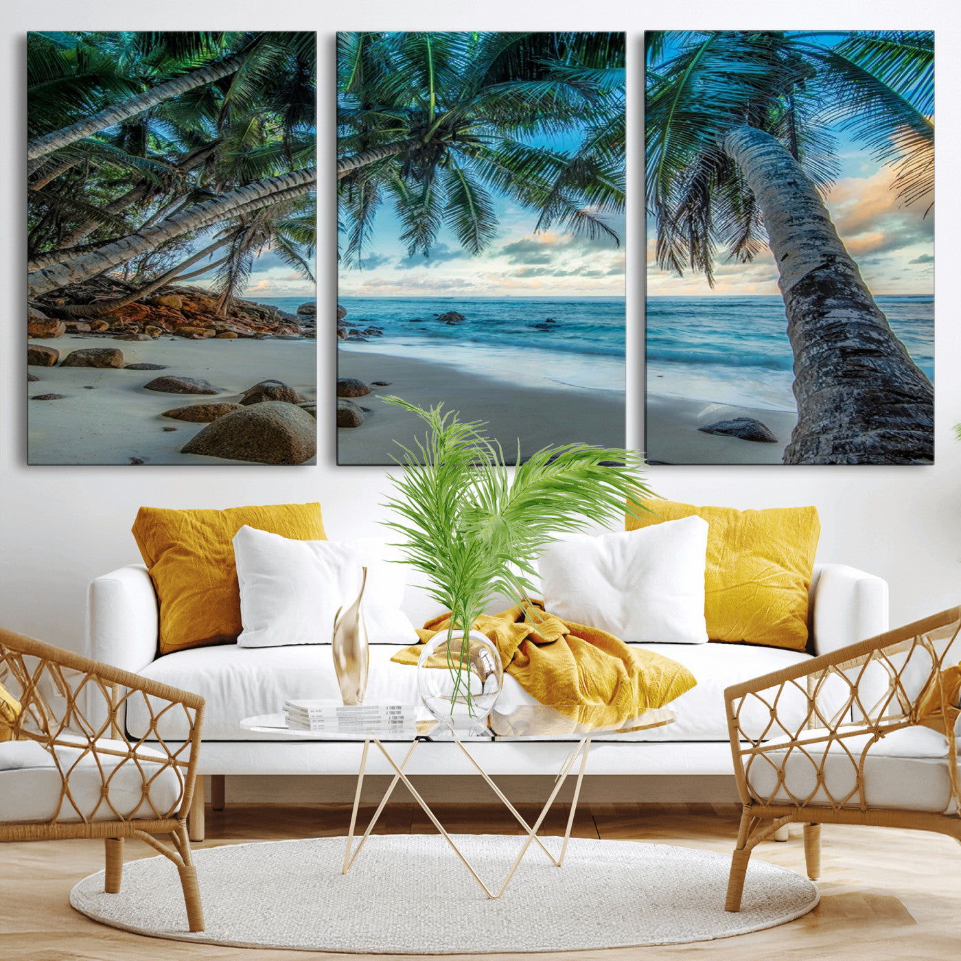 39679-MGV-CV-36X24-Tropical Palm Beach Wall Art – Serene Ocean Canvas Print with Palm Trees and Rocks, Coastal Paradise Decor for Living Room or