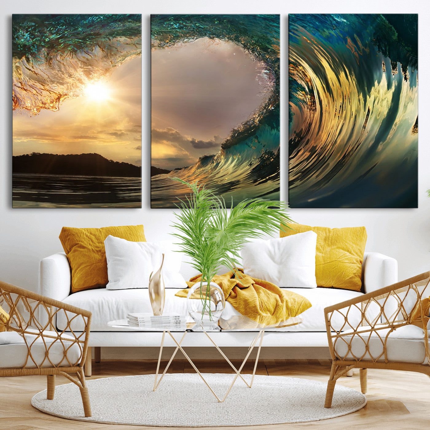 38256-MGV-CV-36X24-Ocean Wave Wall Art – Stunning Sunrise Through Curling Wave Canvas Print, Coastal Surf Photography Seascape Decor for Living Room,