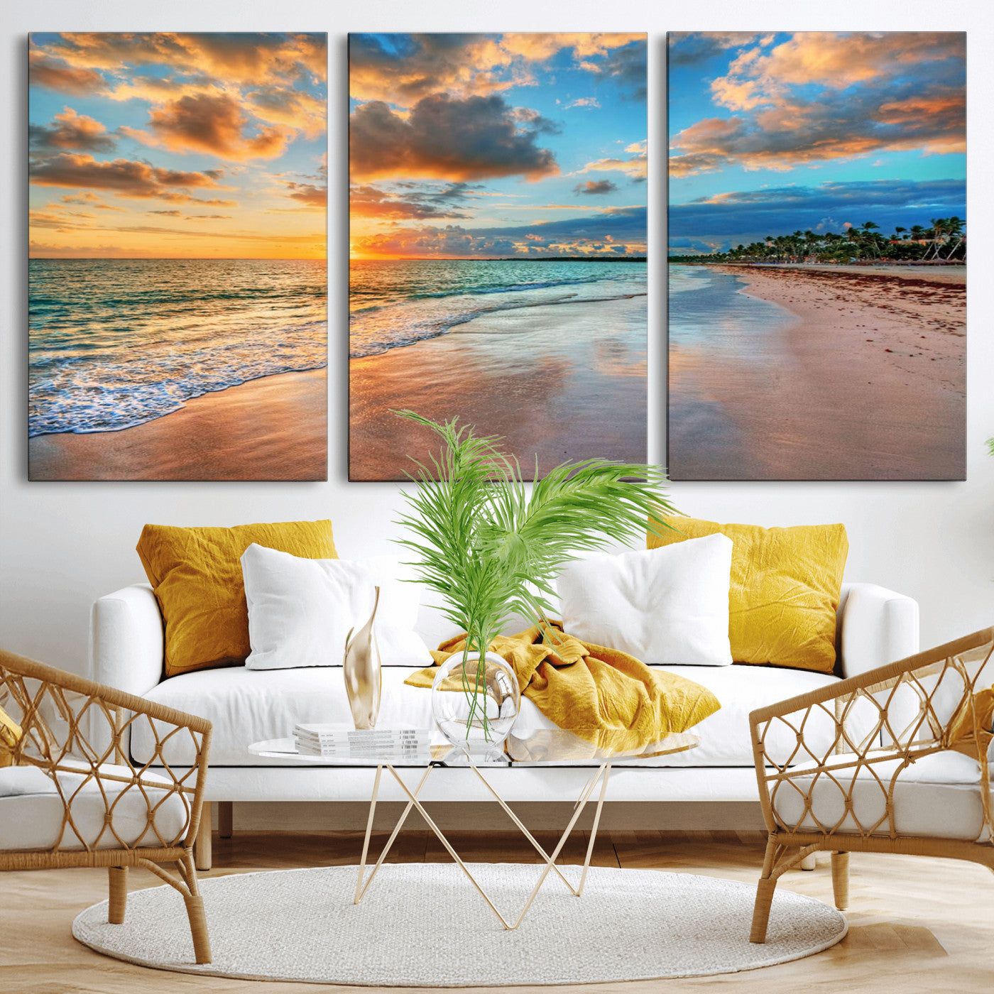 41572-MGV-CV-36X24-Sunset Beach Wall Art – Ocean Waves and Palm Trees Canvas Print, Tropical Coastal Sunset Seascape Decor for Living Room, Bedroom