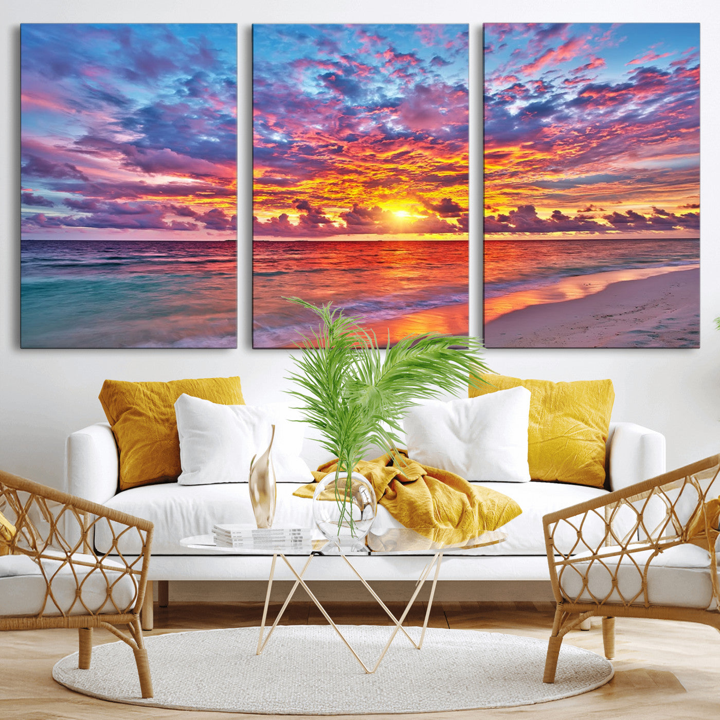 72836-MGV-CV-36X24-Fiery Sunset Beach Wall Art – Panoramic Vibrant Ocean Canvas Print, Dramatic Coastal Decor for Living Room, Bedroom or Office