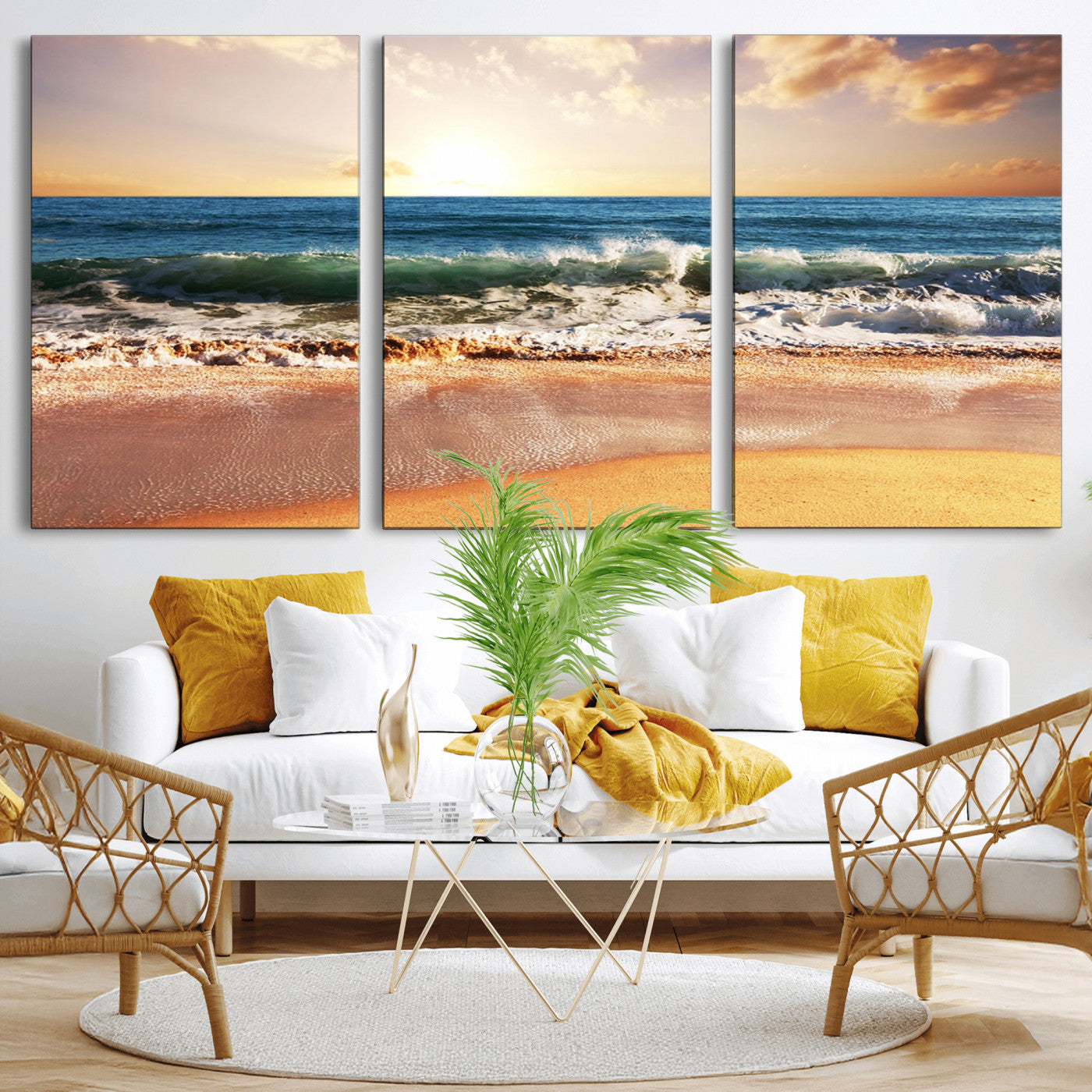 79005-MGV-CV-36X24-Golden Sunrise Ocean Waves Wall Art – Panoramic Seashore Canvas Print, Calming Coastal Decor for Home, Office or Relaxation Space