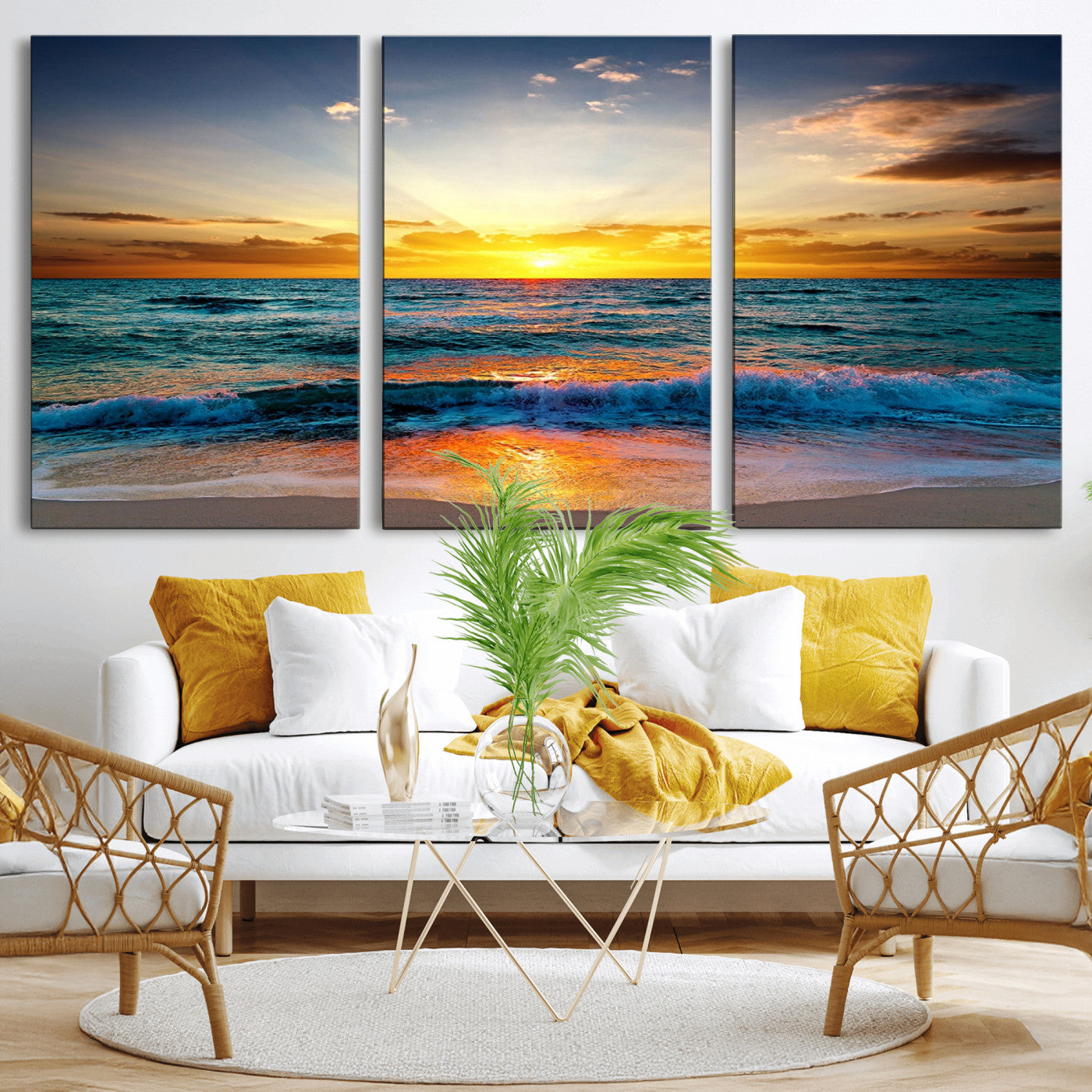 50627-MGV-CV-36X24-Ocean Sunset Wall Art – Serene Beach Canvas Print with Waves and Golden Sky, Coastal Decor for Living Room or Office