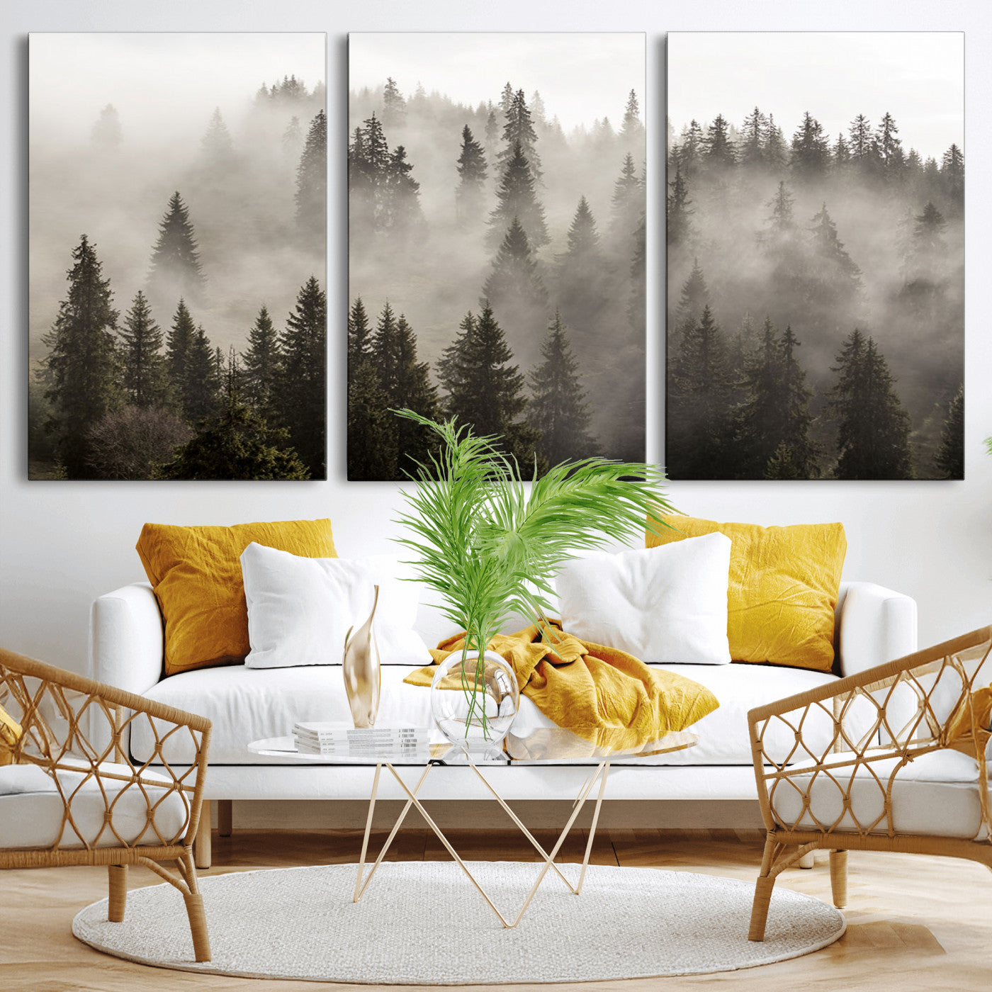 62862-MGV-CV-36X24-Misty Forest Wall Art – Tranquil Pine Tree Canvas Print with Mountain Fog, Nature Landscape Artwork for Living Room, Bedroom, or