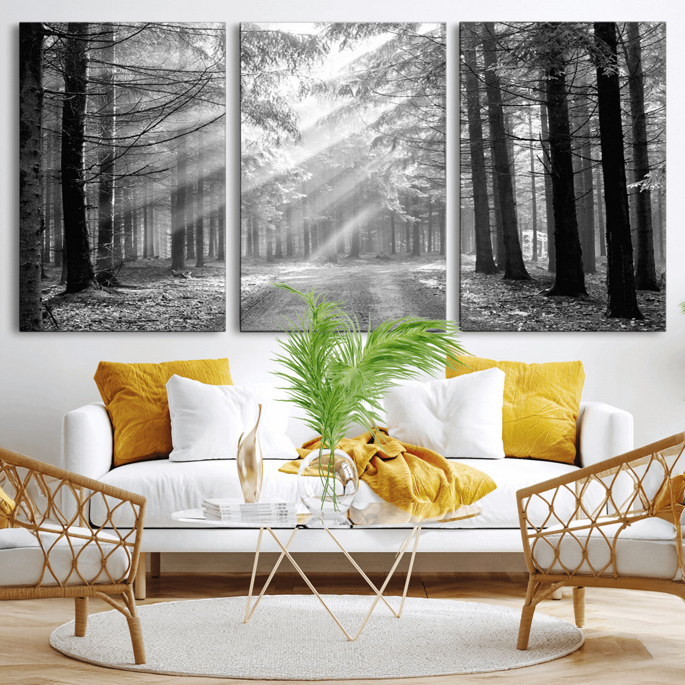 39665-MGV-CV-36X24-Black and White Forest Path Wall Art – Sunlight Rays in Trees Canvas Print, Nature Landscape Decor for Living Room