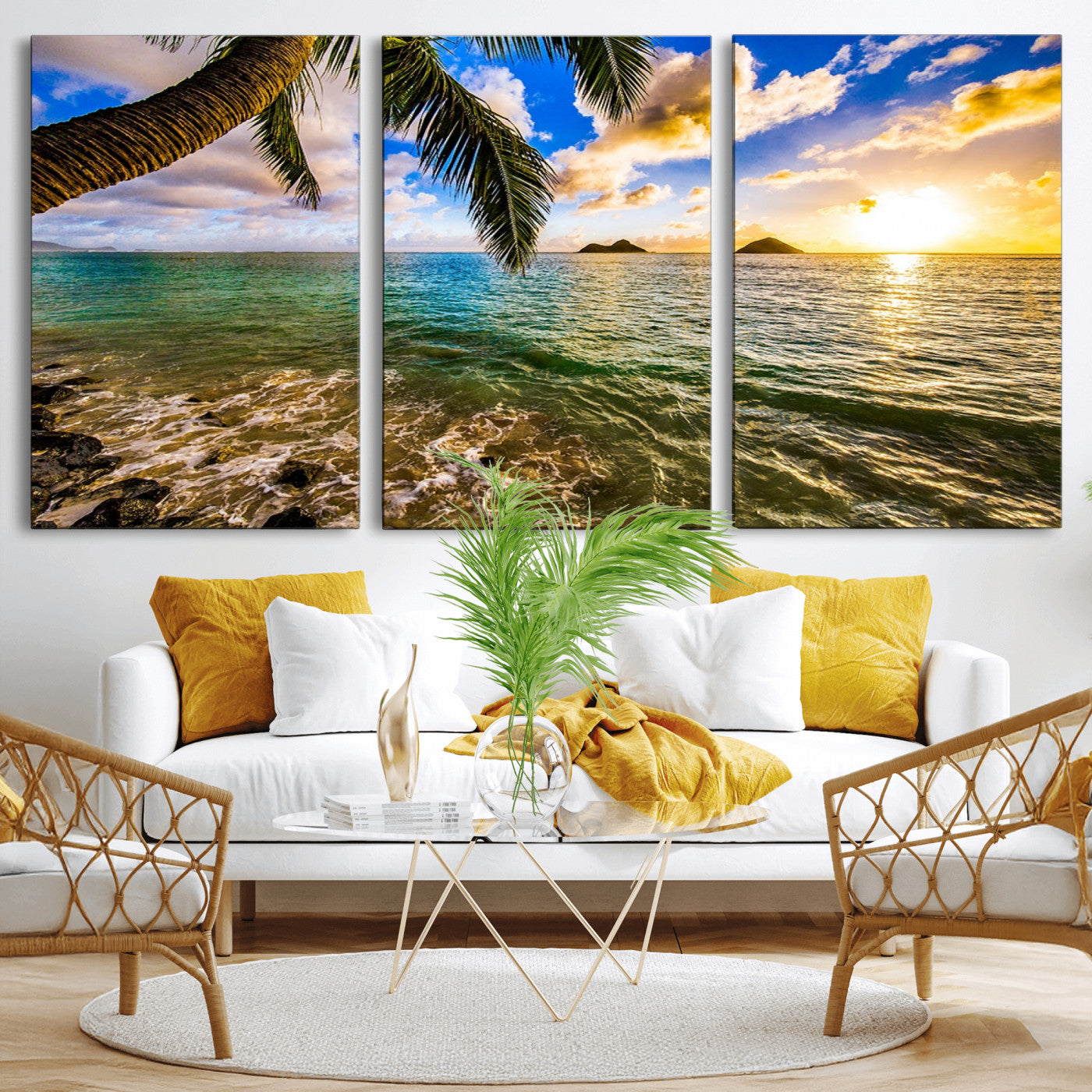 68606-MGV-CV-36X24-Tropical Palm Tree Ocean Wall Art – Sunset Beach Seascape Print, Coastal Paradise Decor for Living Room or Office