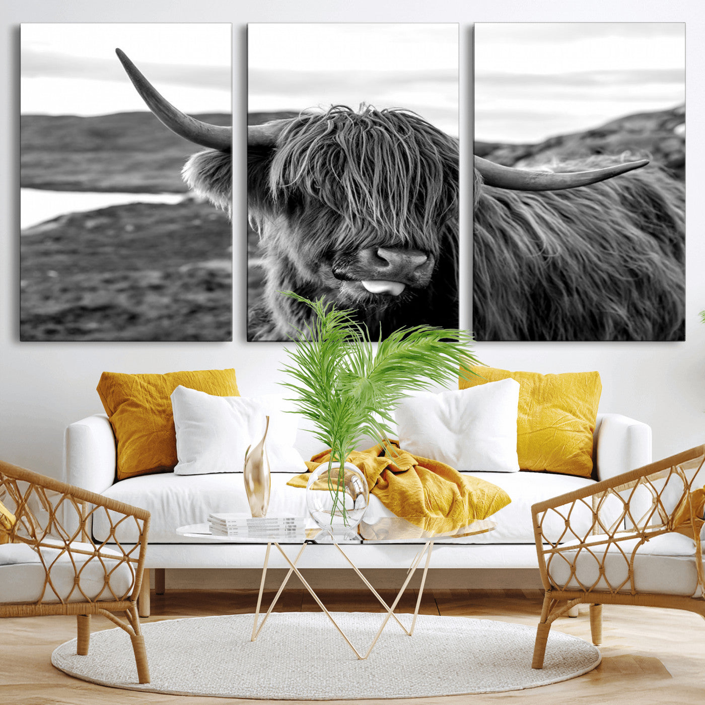 83810-MGV-CV-36X24-Highland Cow Wall Art – Black and White Highland Cattle Print, Rustic Farmhouse Animal Decor for Living Room or Office