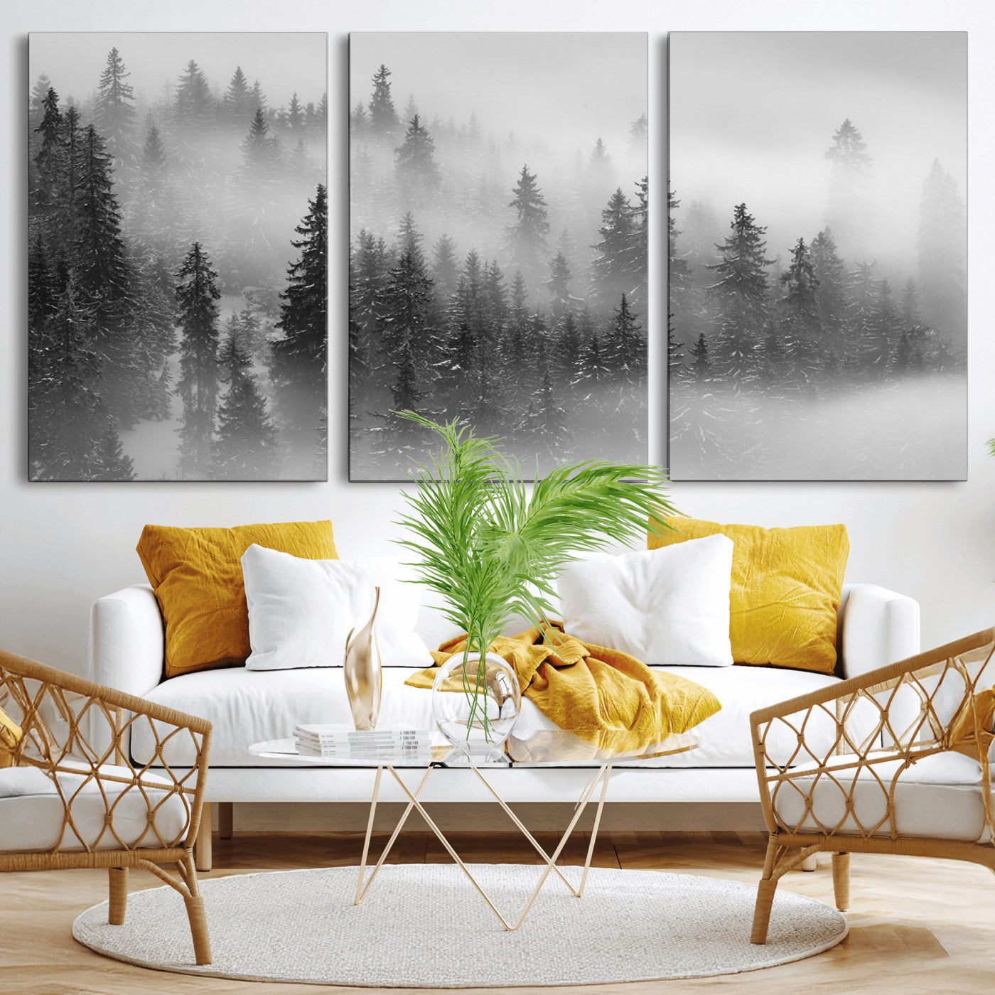 57235-MGV-CV-60X30-3P-Misty Pine Forest Wall Art – Black and White Mountain Landscape Canvas Print, Nature Woodland Decor for Living Room, Bedroom or