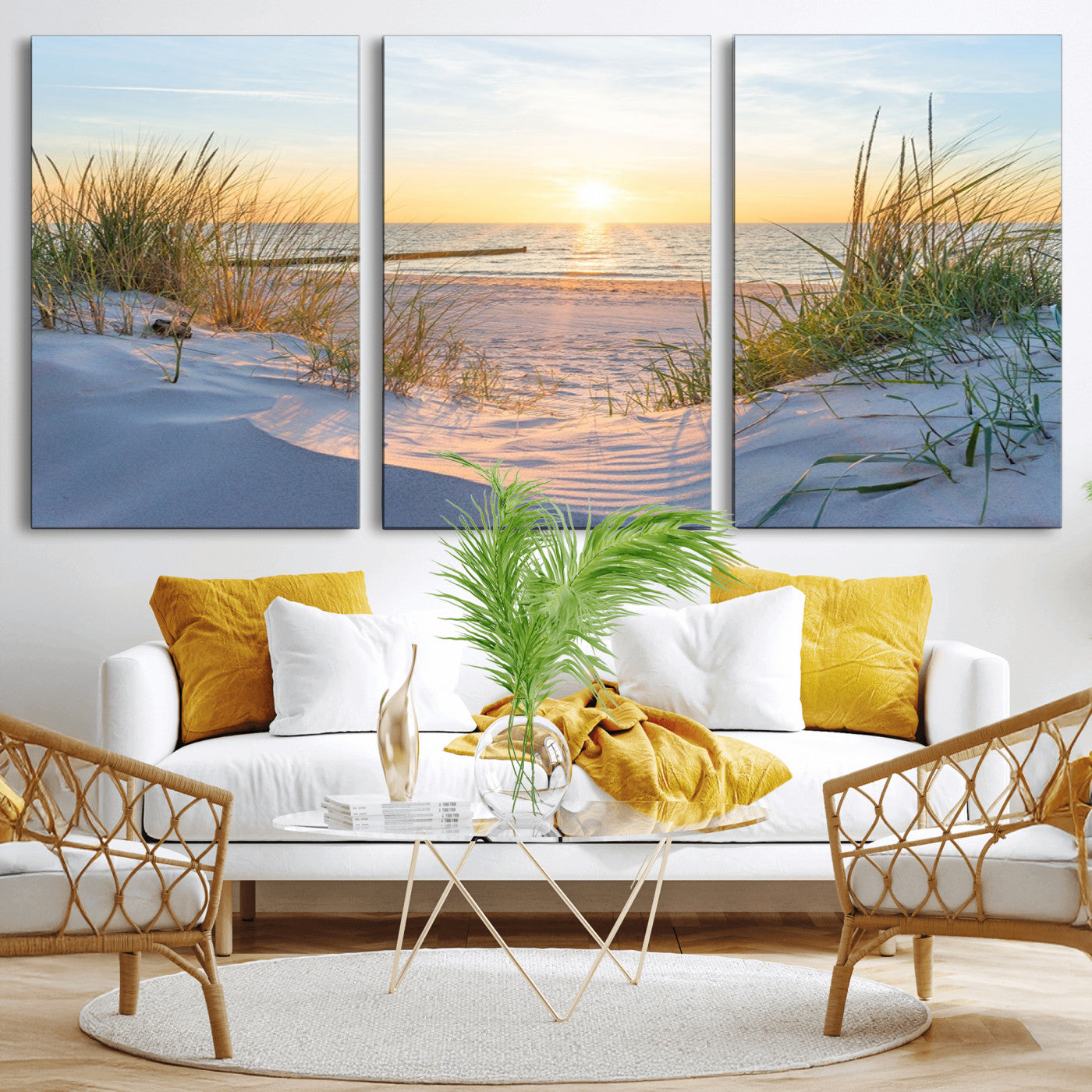 48907-MGV-CV-36X24-Beach Sunset Wall Art – Coastal Sand Dunes and Ocean View Canvas Print, Serene Seaside Landscape Painting for Living Room, Bedroom