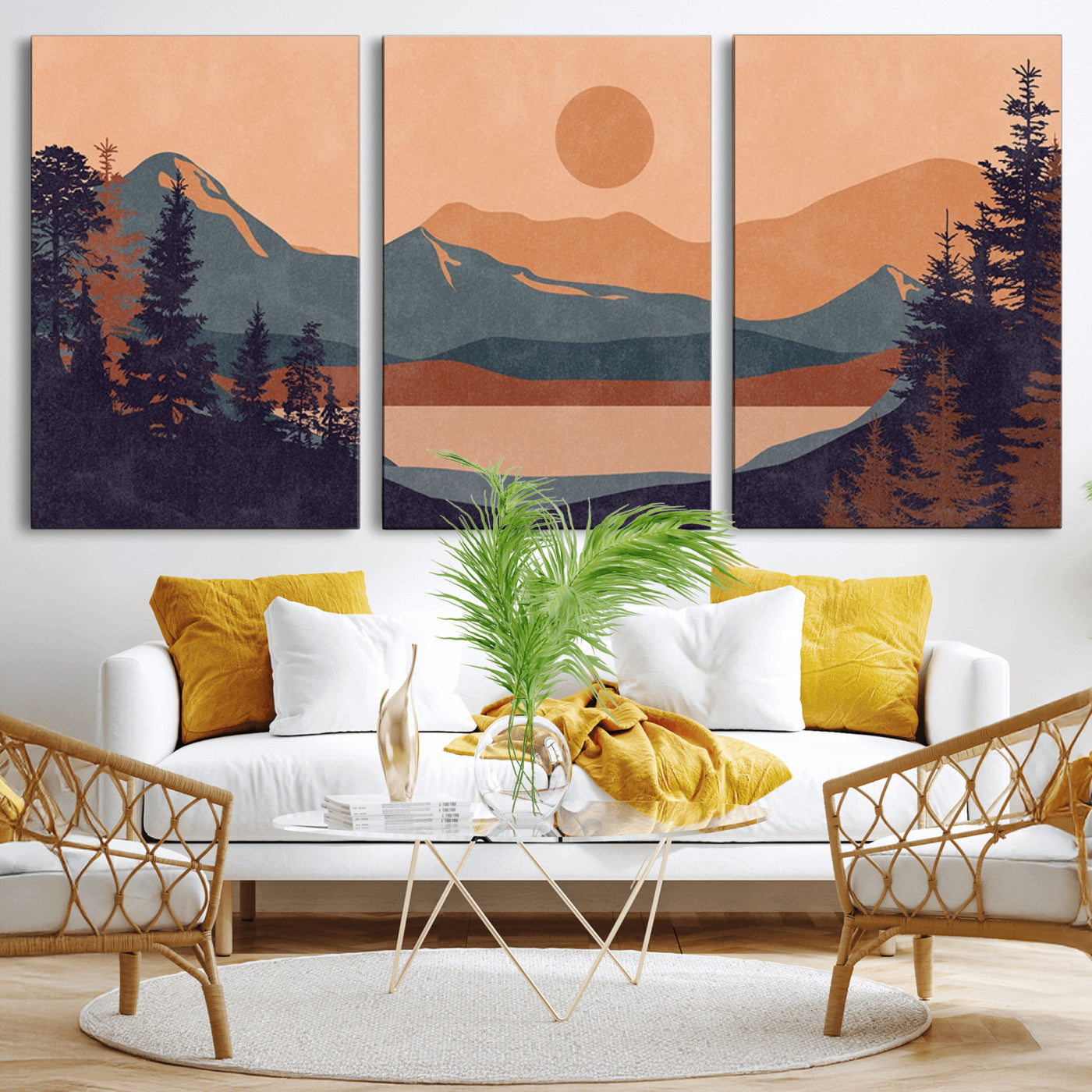 62795-MGV-CV-36X24-Minimalist Mountain Landscape Wall Art – Abstract Sunset Over Peaks and Pine Trees Canvas Print, Modern Nature Decor for Living