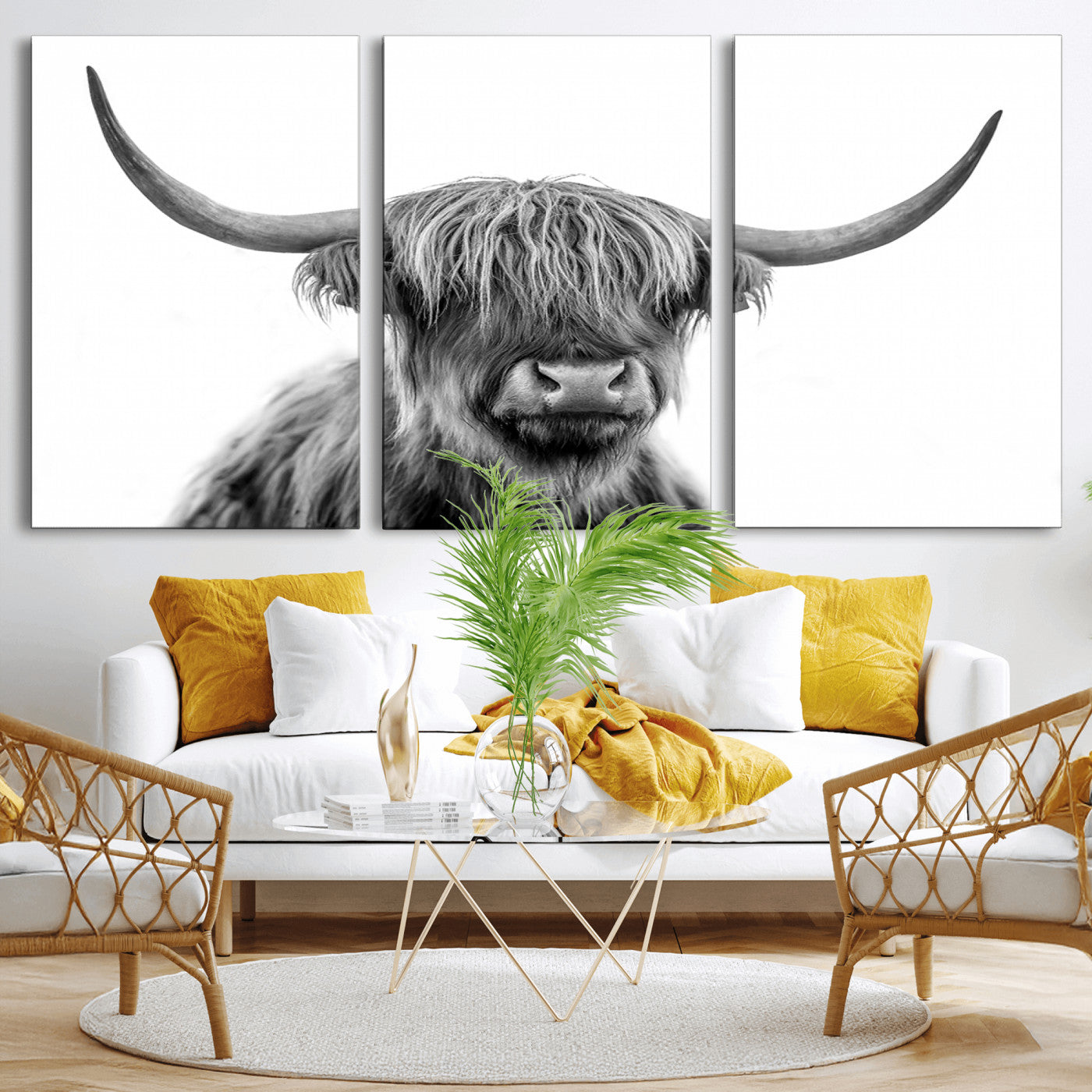10123-MGV-CV-36X24-Black and White Highland Cow Wall Art – Modern Farmhouse Animal Print, Rustic Scottish Bull Canvas Decor for Living Room, Bedroom,