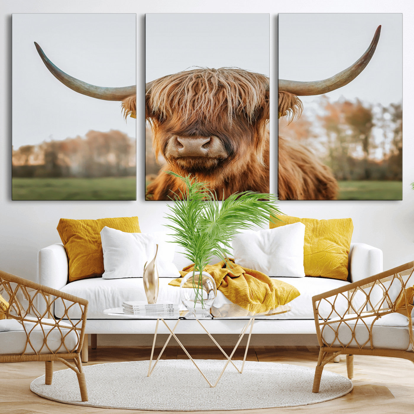 64824-MGV-CV-36X24-Highland Cow Wall Art – Rustic Scottish Bull Canvas Print, Farmhouse Animal Decor for Living Room, Bedroom, Office or Cabin