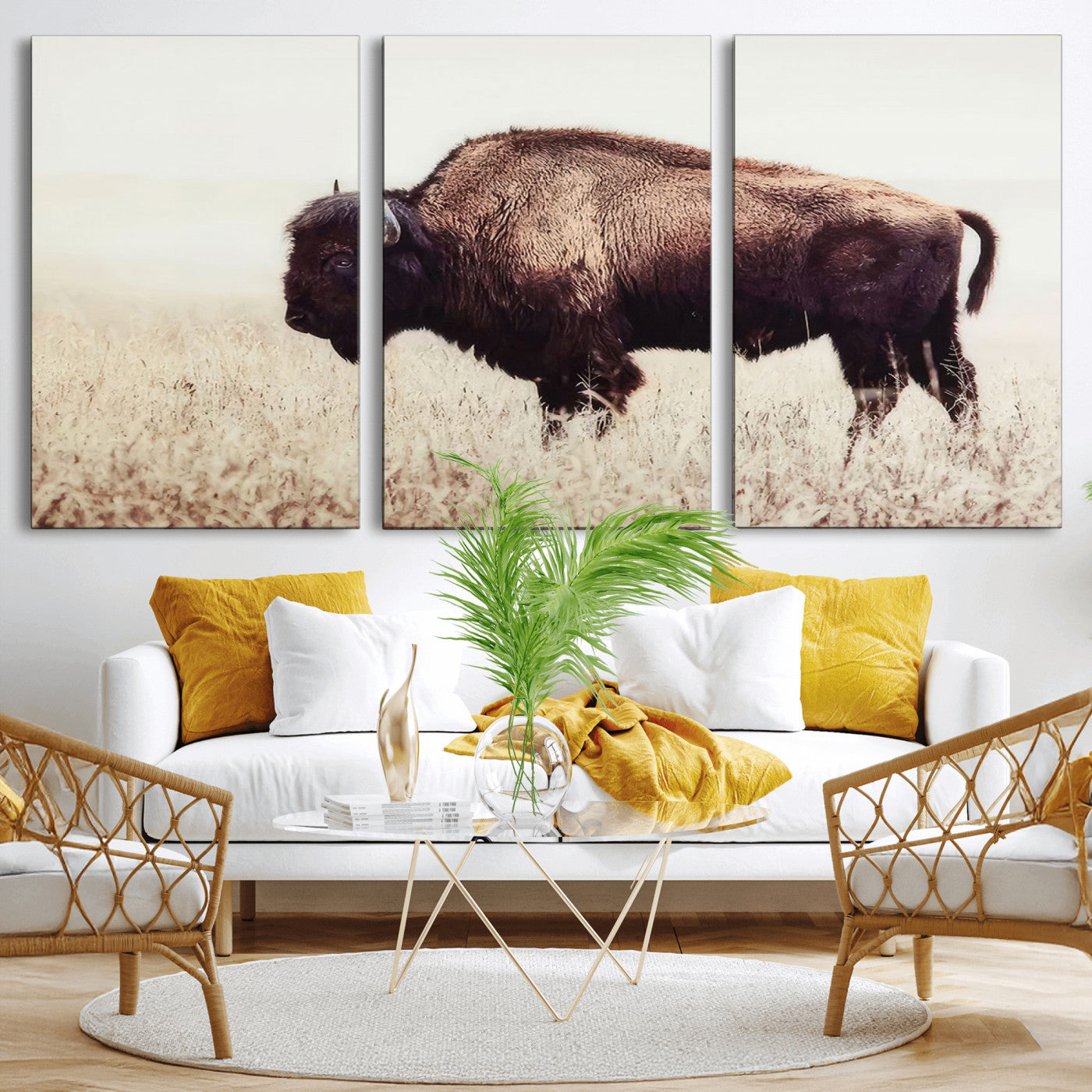 48406-MGV-CV-36X24-American Bison Wall Art – Rustic Buffalo Canvas Print in Prairie Field, Western Wildlife Photography Decor for Cabin, Lodge,
