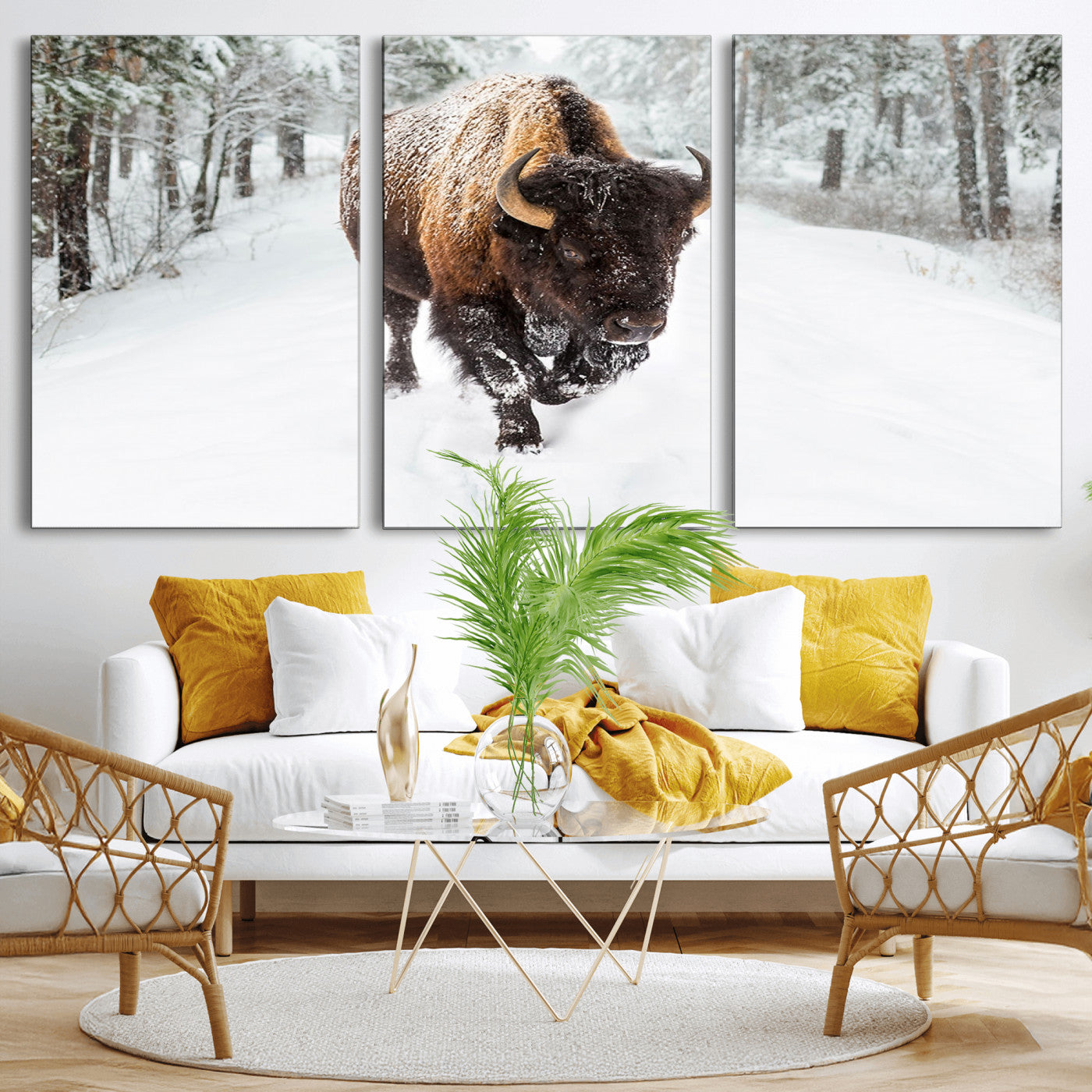 10109-MGV-CV-36X24-Majestic Bison Winter Wall Art – Snowy Forest Buffalo Canvas Print, Rustic Wildlife Photography Decor for Cabin, Lodge, Living